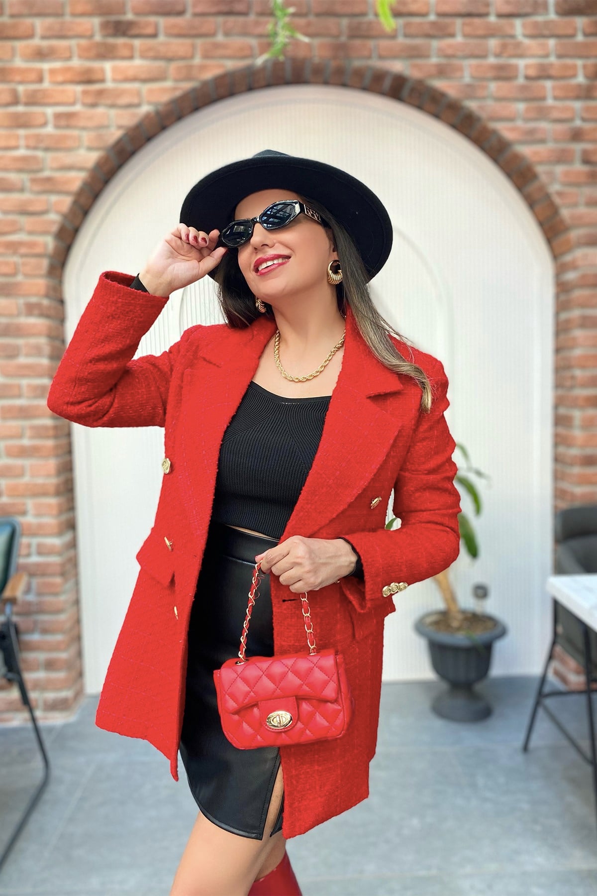 Kırmızı Çift Düğmeli Blazer Ceket