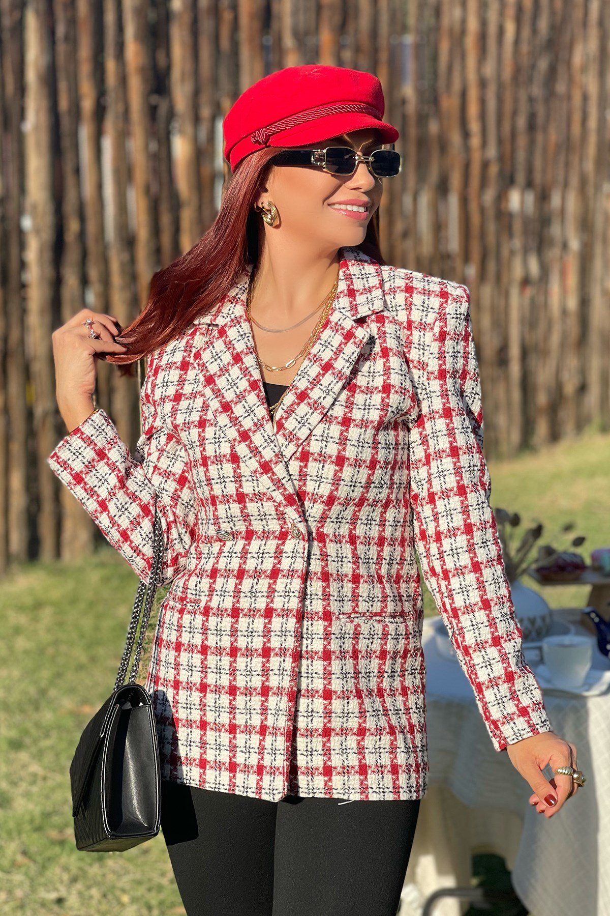 Kırmızı Ekose Blazer Ceket