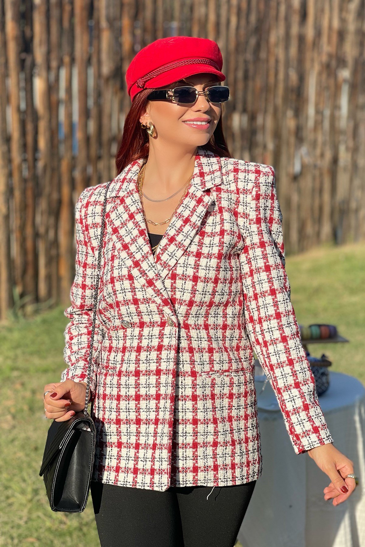 Kırmızı Ekose Blazer Ceket