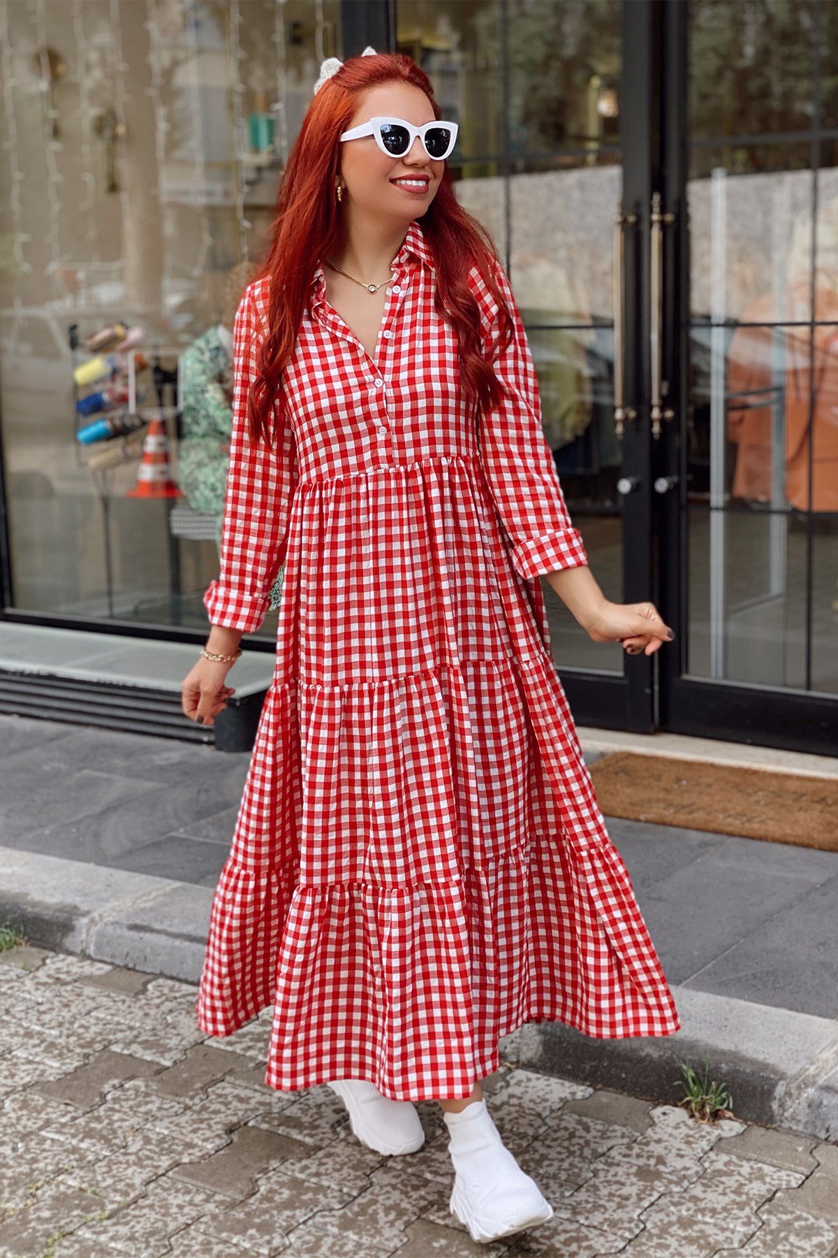 Kırmızı Ekose Gömlek Yaka Elbise