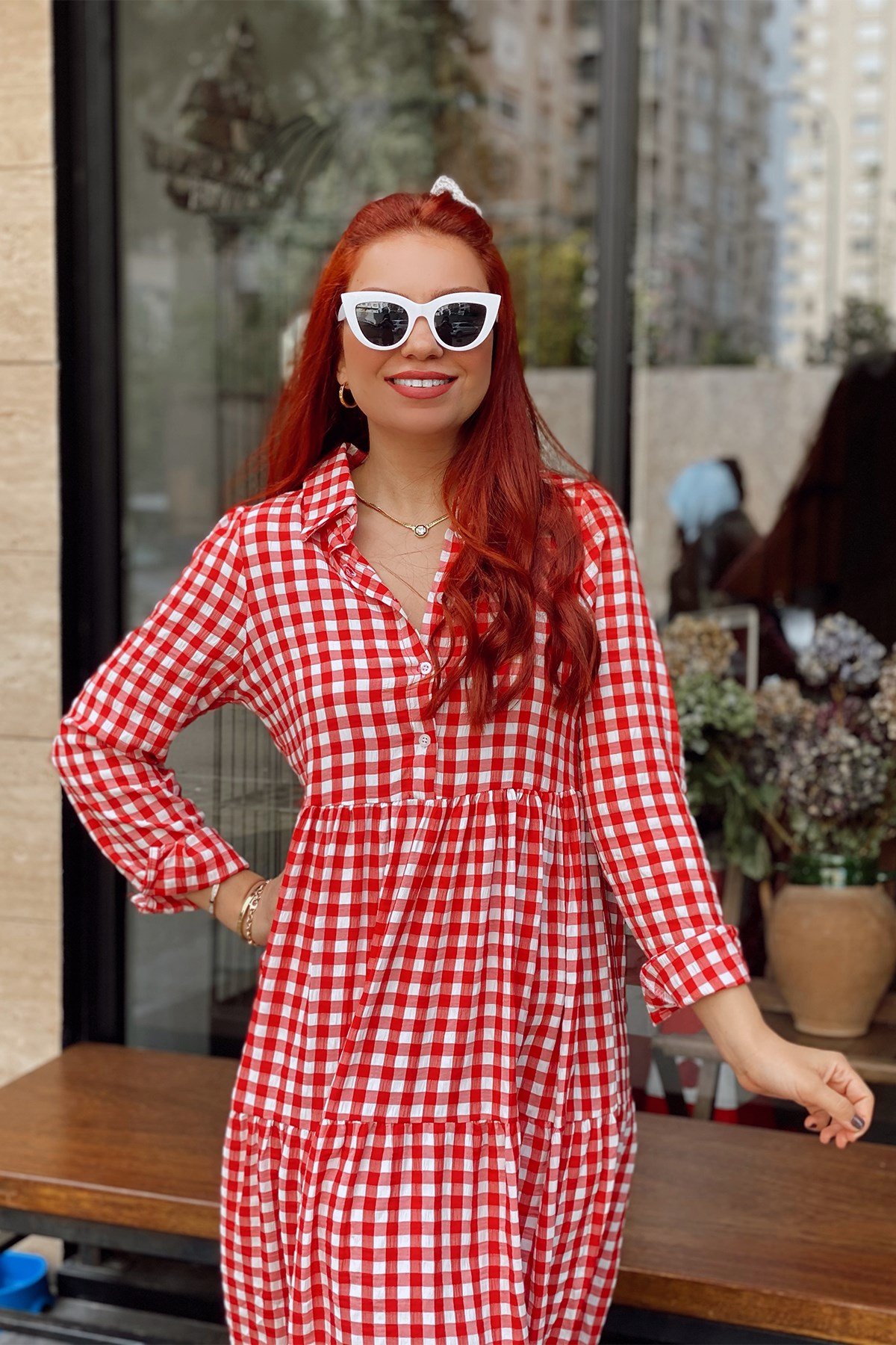 Kırmızı Ekose Gömlek Yaka Elbise