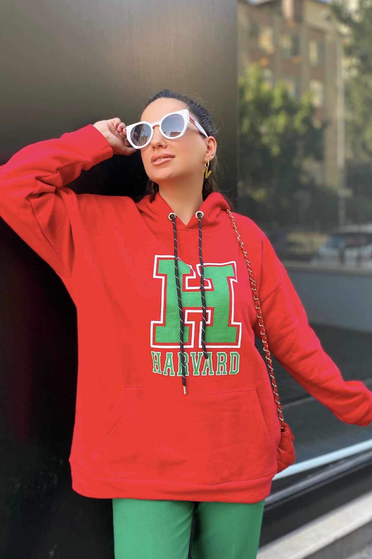 Kırmızı Harward Baskılı Kapşonlu Sweatshirt