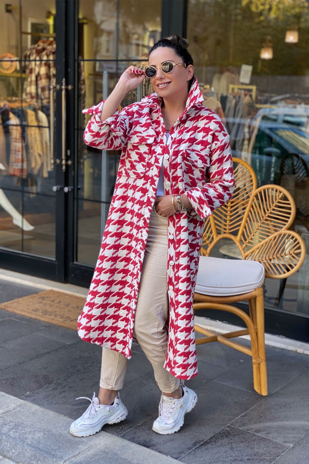 Kırmızı Kazayağı Uzun Gömlek Ceket 