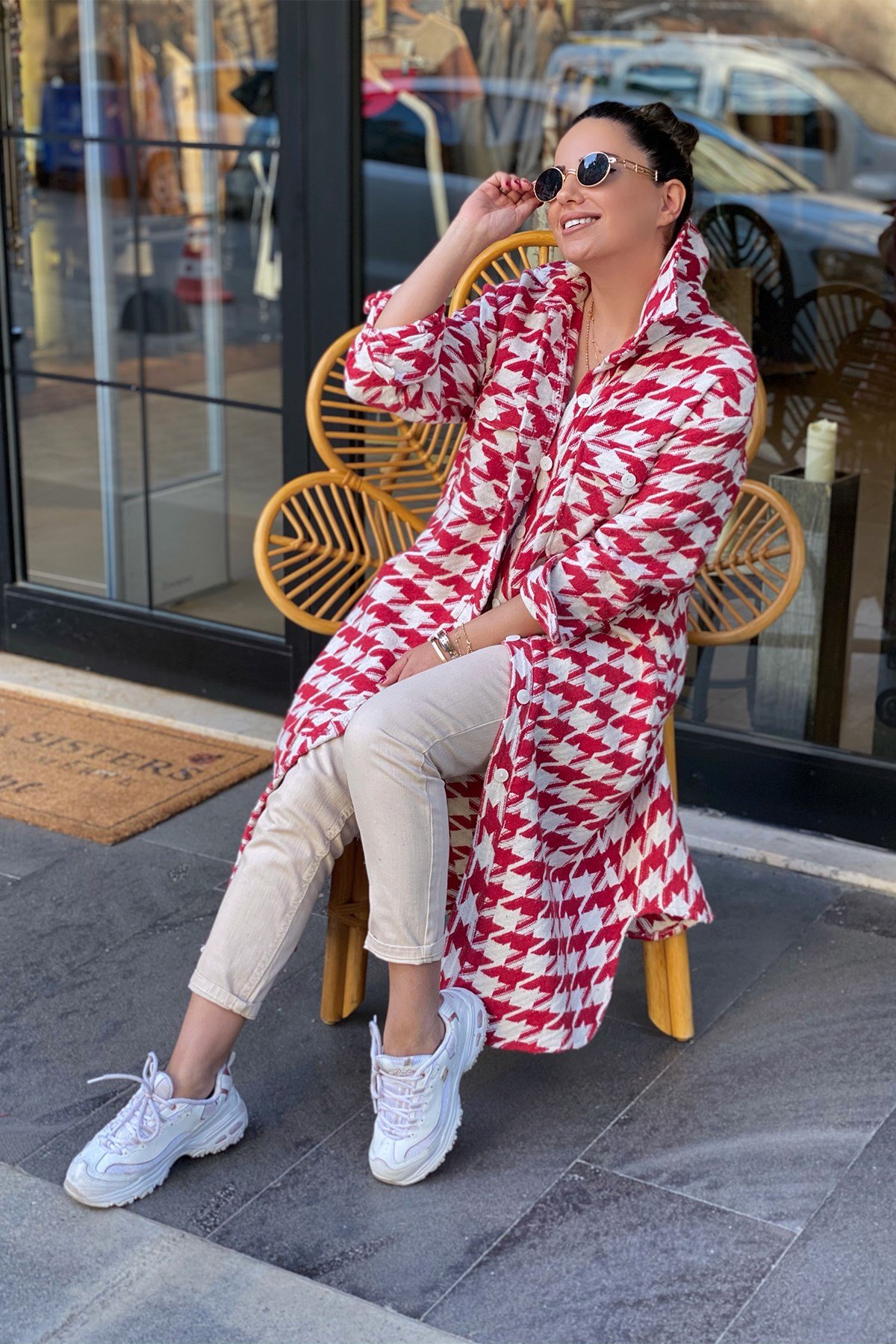 Kırmızı Kazayağı Uzun Gömlek Ceket 