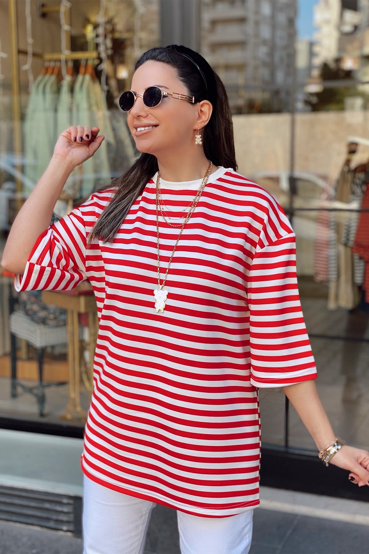 Kırmızı Kısa Kol Çizgili Tshirt