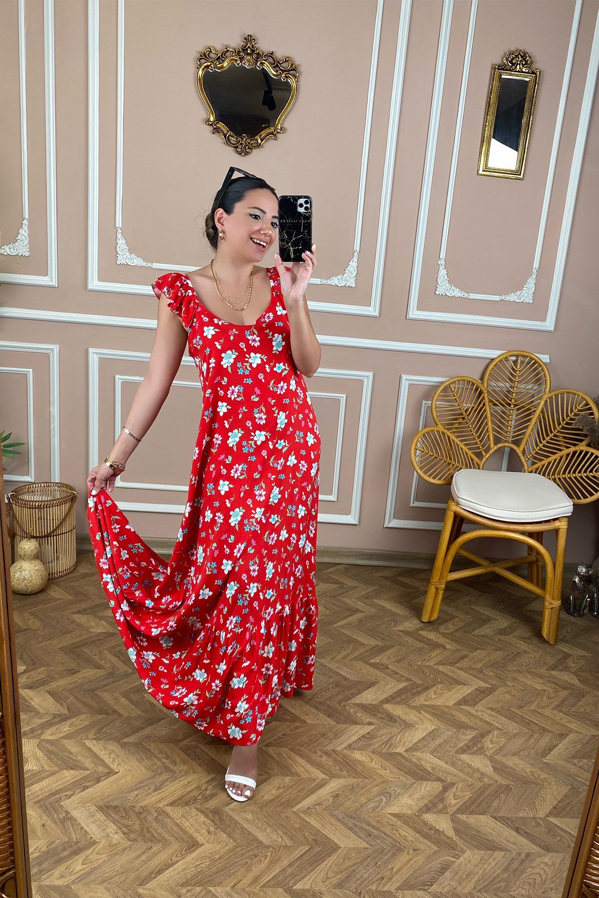 Kırmızı Kol Volanlı Desenli Uzun Elbise