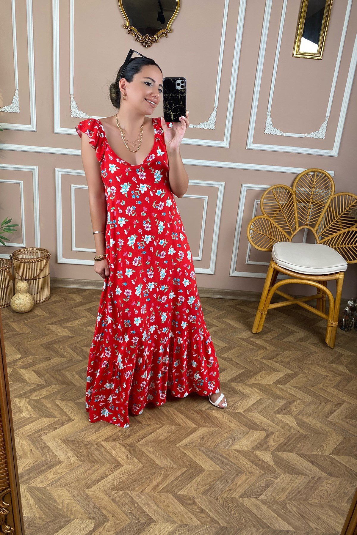 Kırmızı Kol Volanlı Desenli Uzun Elbise