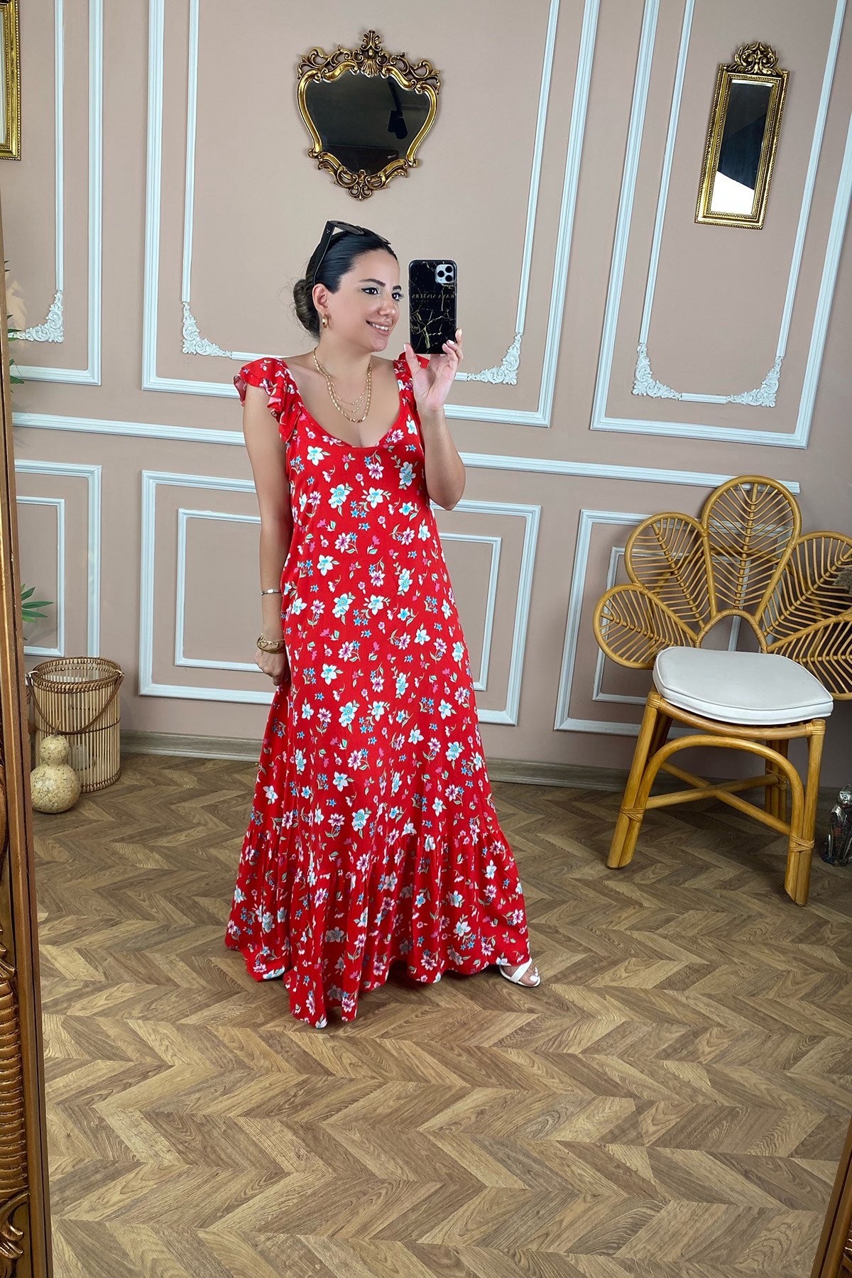 Kırmızı Kol Volanlı Desenli Uzun Elbise