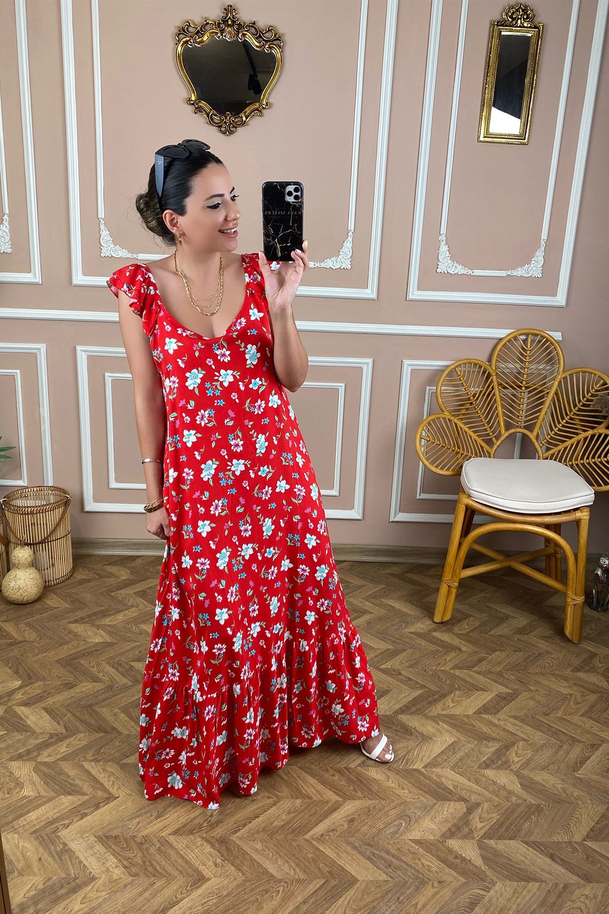 Kırmızı Kol Volanlı Desenli Uzun Elbise