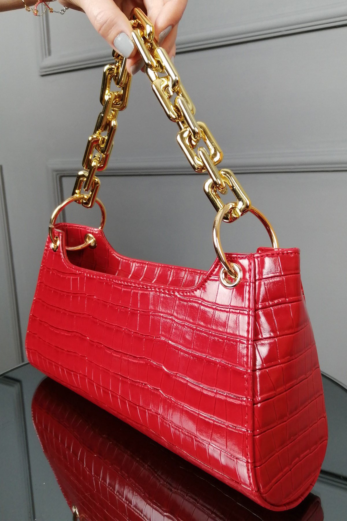 Kırmızı Krok Desenli  Çanta