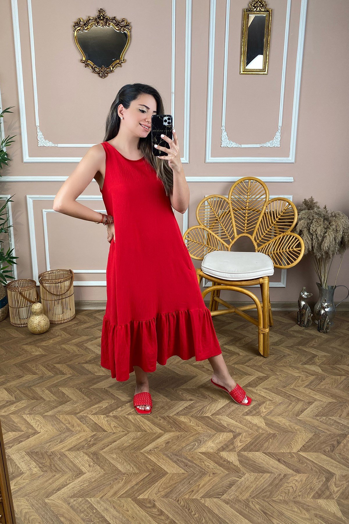 Kırmızı Sıfır Kol Altı Volanlı Elbise