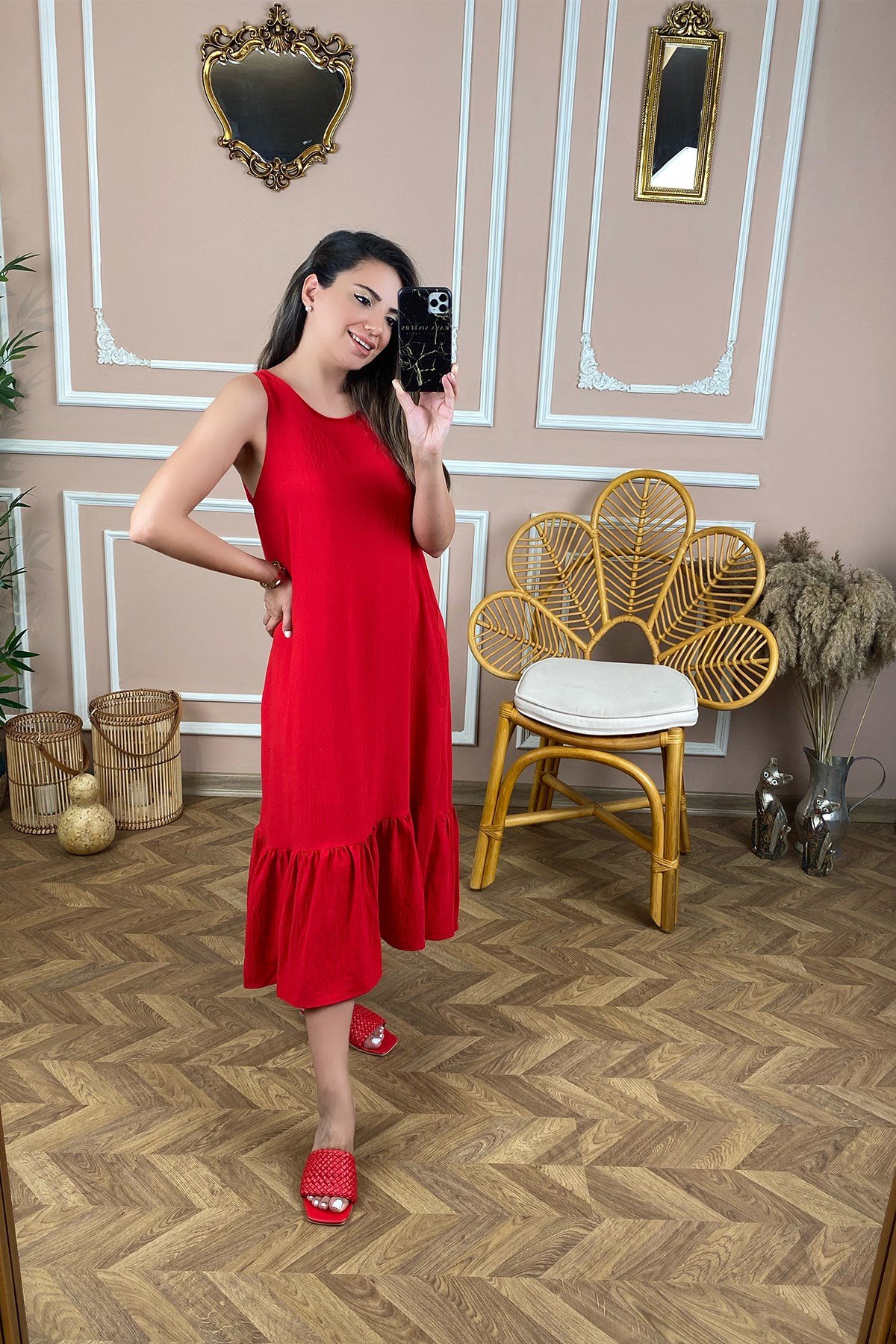 Kırmızı Sıfır Kol Altı Volanlı Elbise