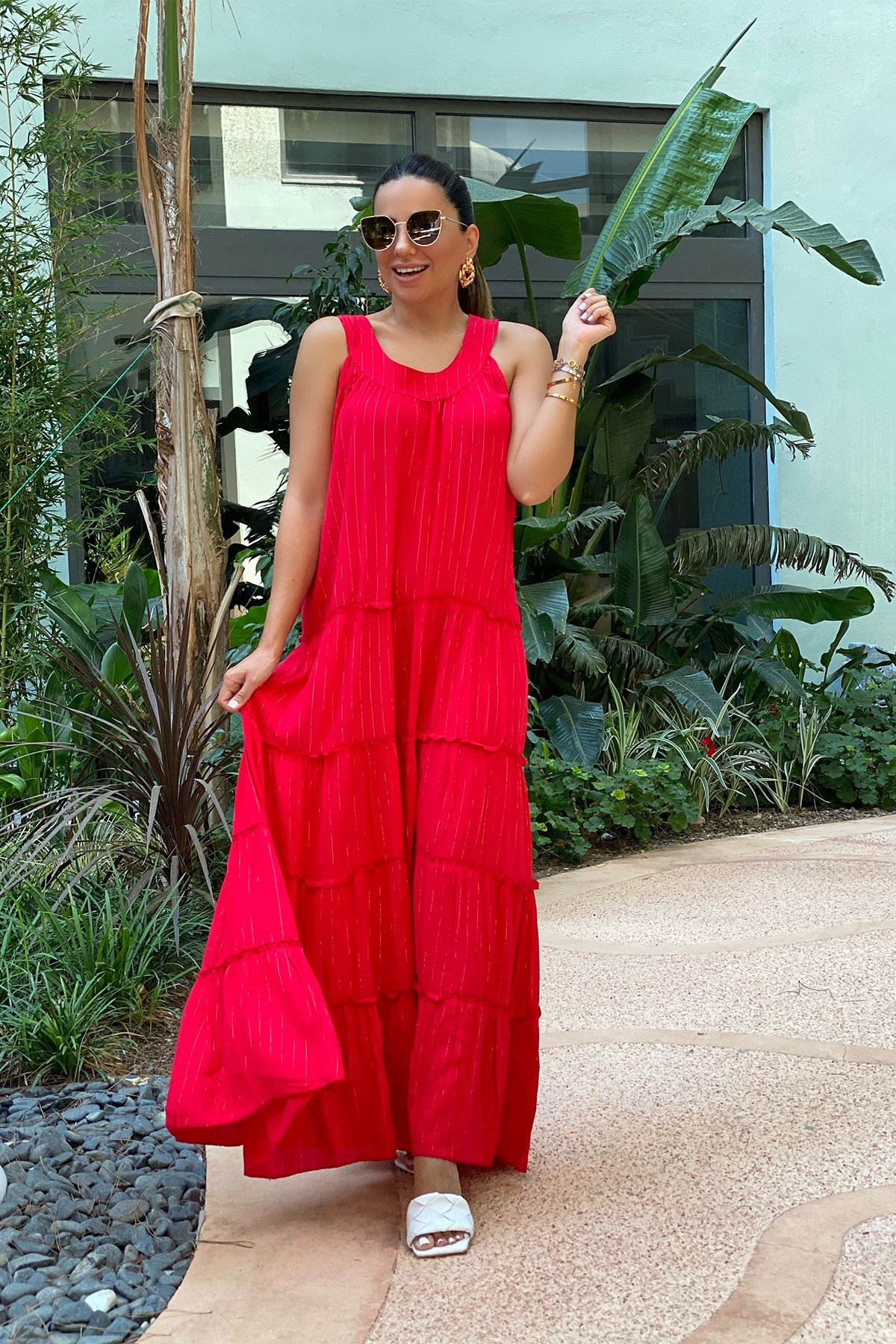 Kırmızı Sim Şeritli Uzun Elbise