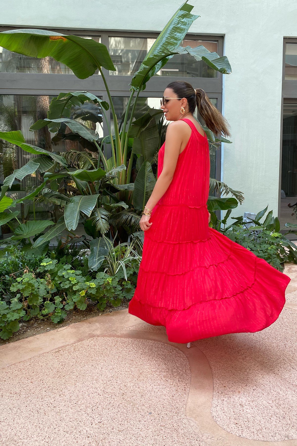 Kırmızı Sim Şeritli Uzun Elbise