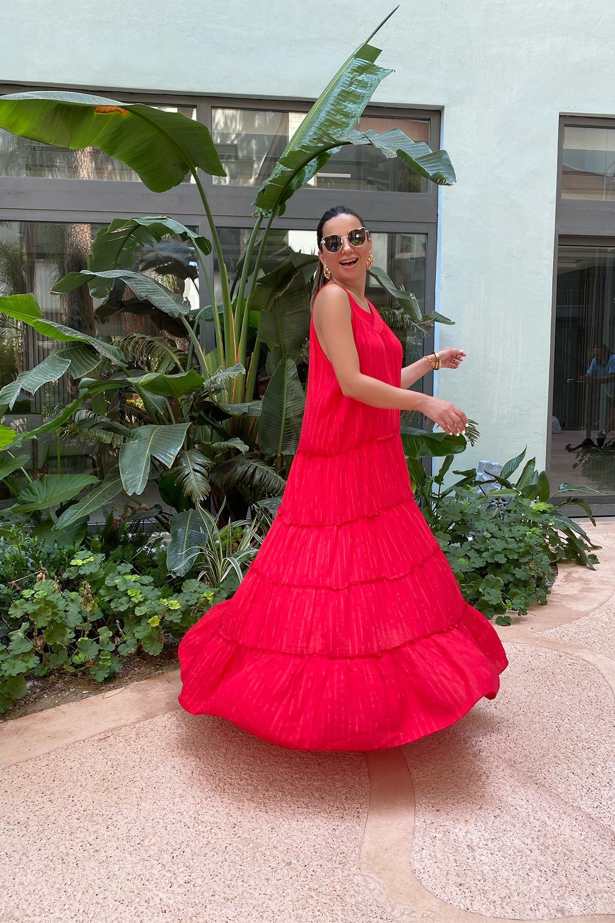 Kırmızı Sim Şeritli Uzun Elbise