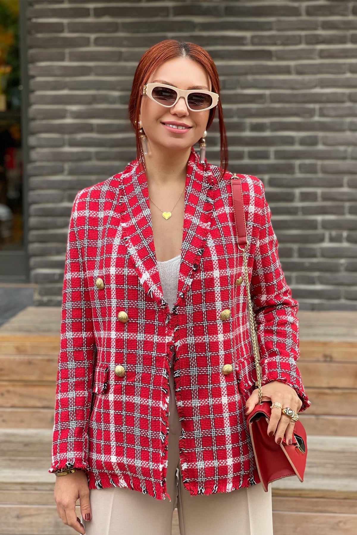 Kırmızı Tuvid Blazer Ceket