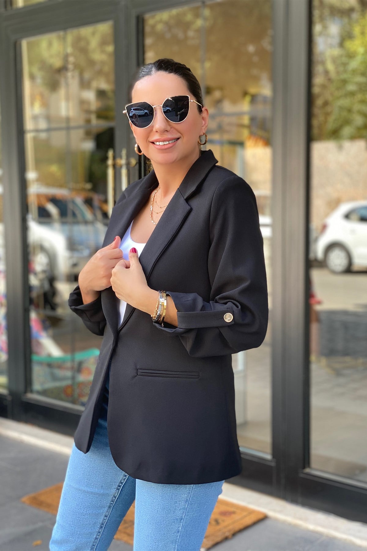 Kol Apoletli Siyah Blazer Ceket