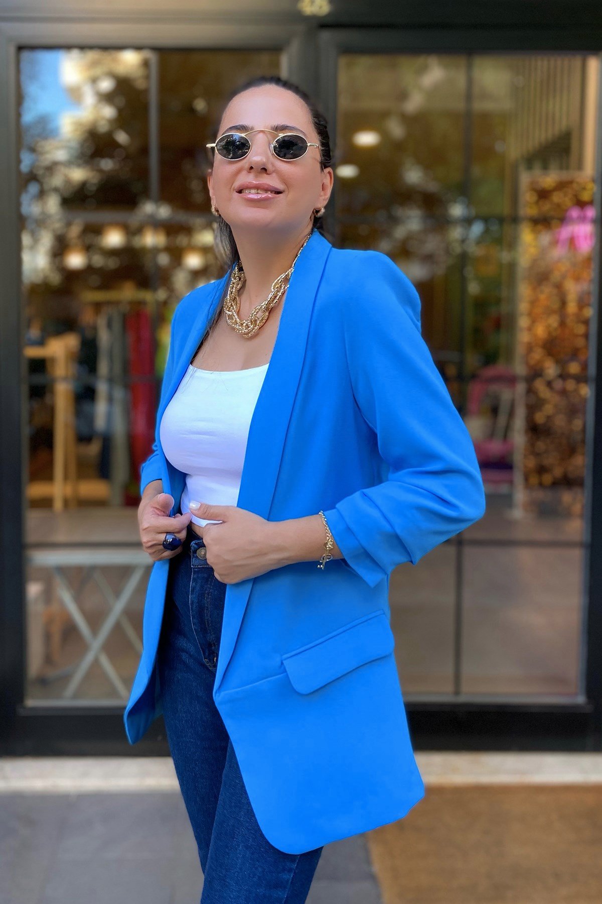 Kolları Büzgülü Mavi Blazer Ceket