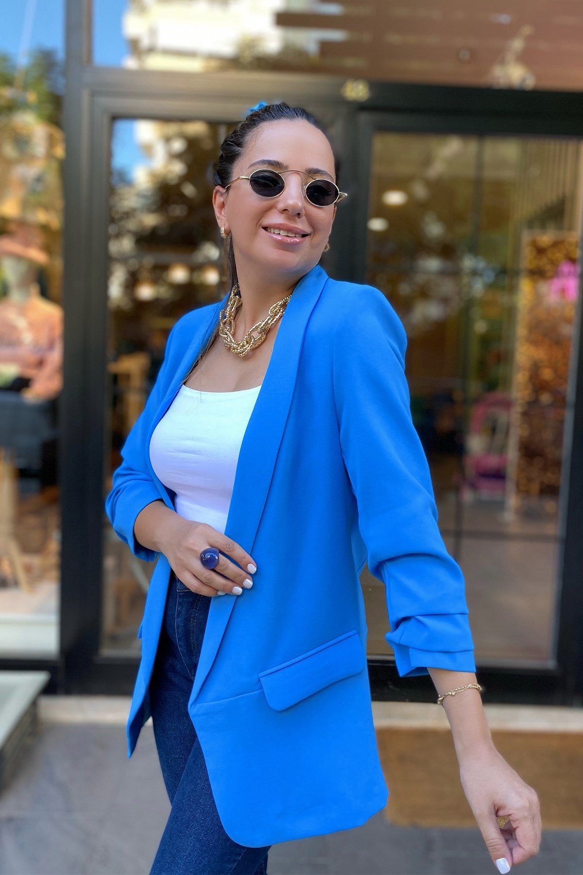 Kolları Büzgülü Mavi Blazer Ceket