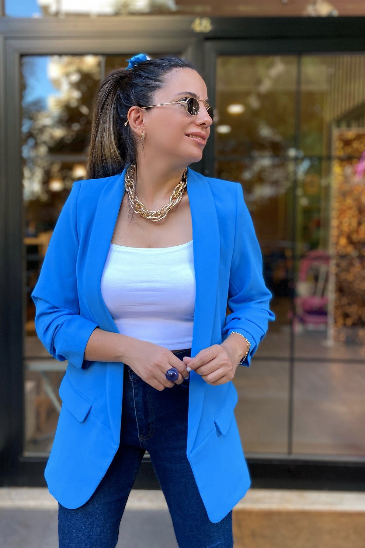 Kolları Büzgülü Mavi Blazer Ceket