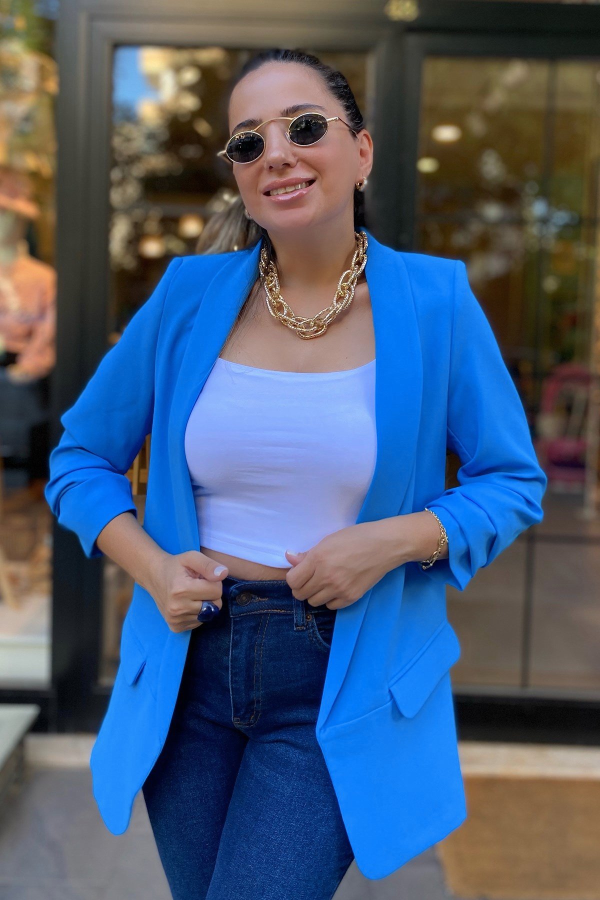 Kolları Büzgülü Mavi Blazer Ceket