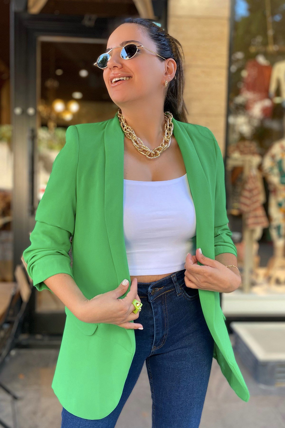 Kolları Büzgülü Yeşil Blazer