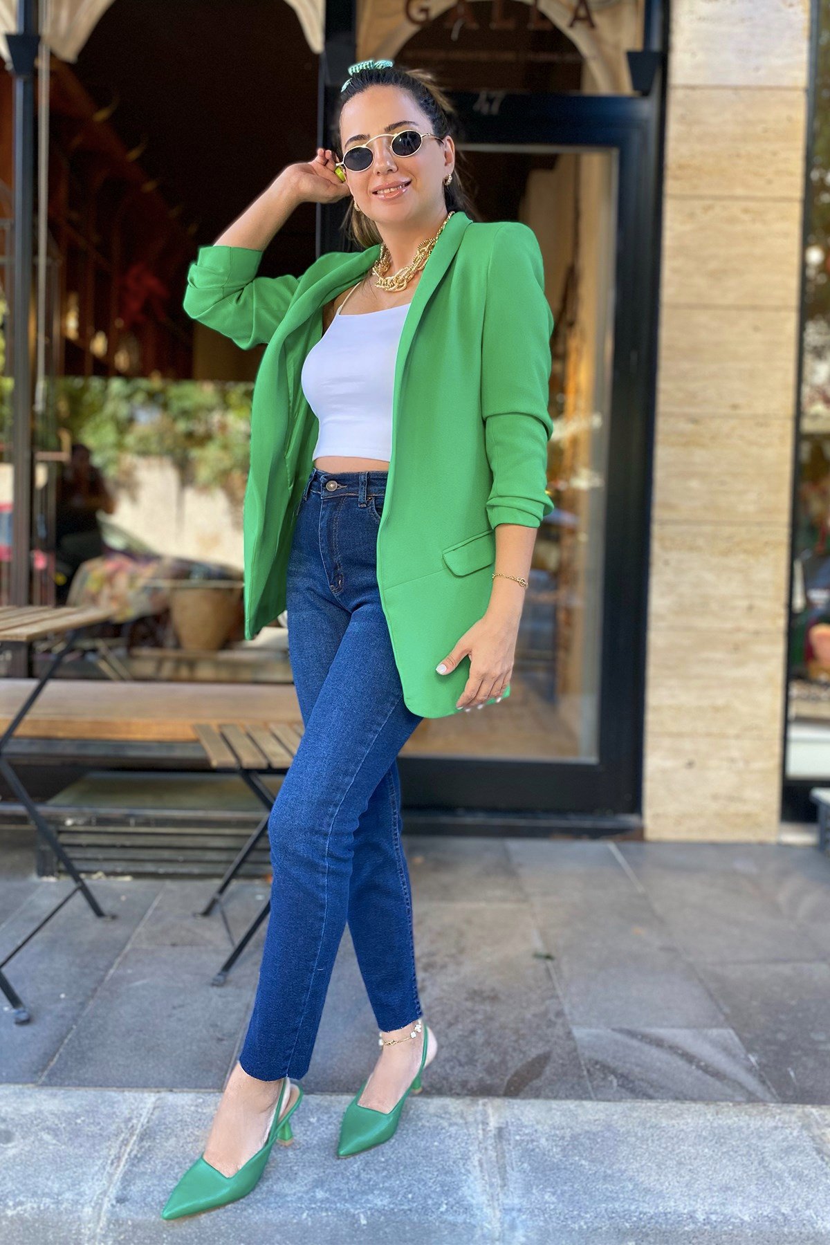 Kolları Büzgülü Yeşil Blazer