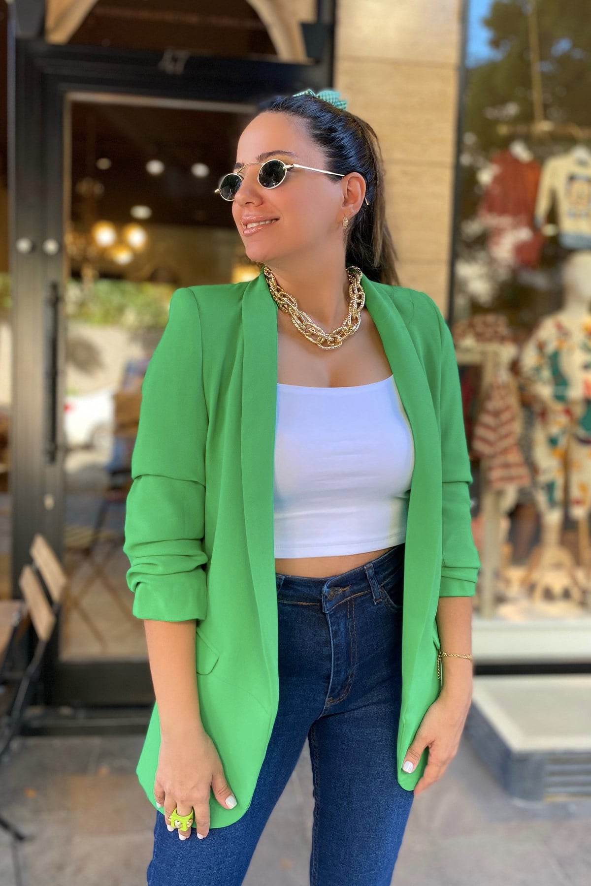 Kolları Büzgülü Yeşil Blazer