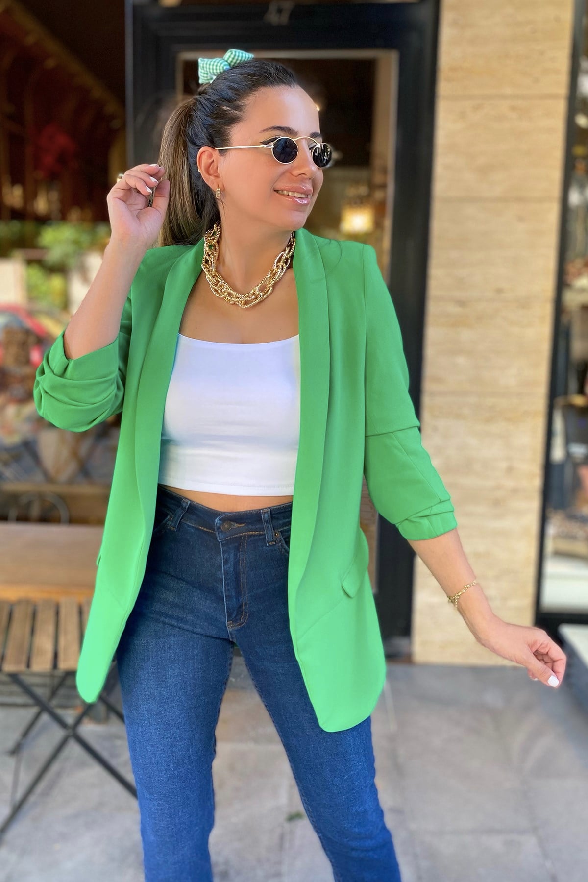 Kolları Büzgülü Yeşil Blazer