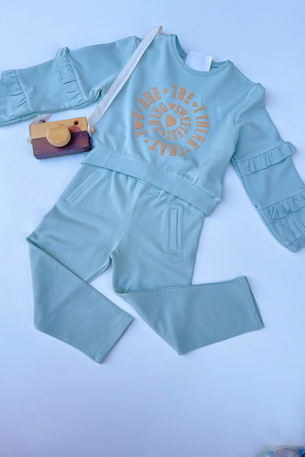 Kolları Fırfırlı Önü Baskılı Mint Yeşili Rengi Takım