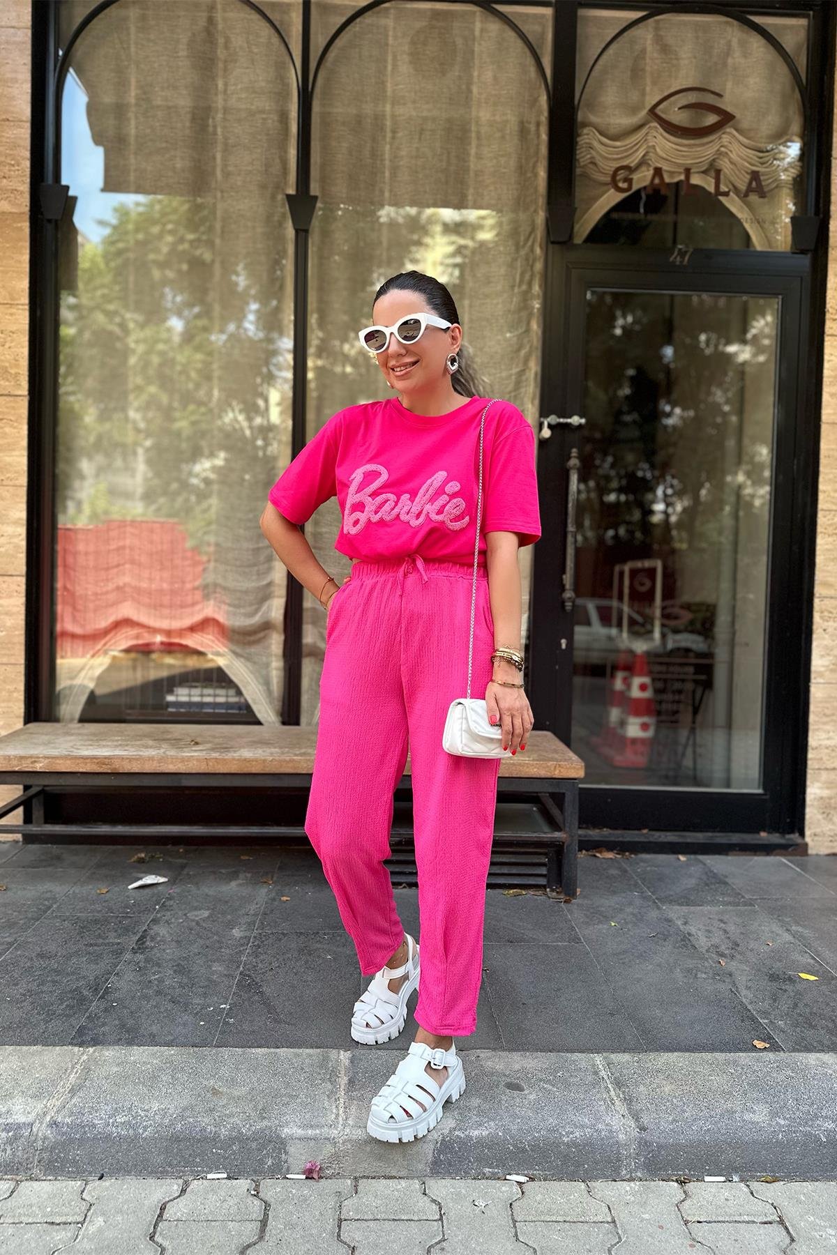 Koyu Pembe Barbie İşlemeli Tshirt