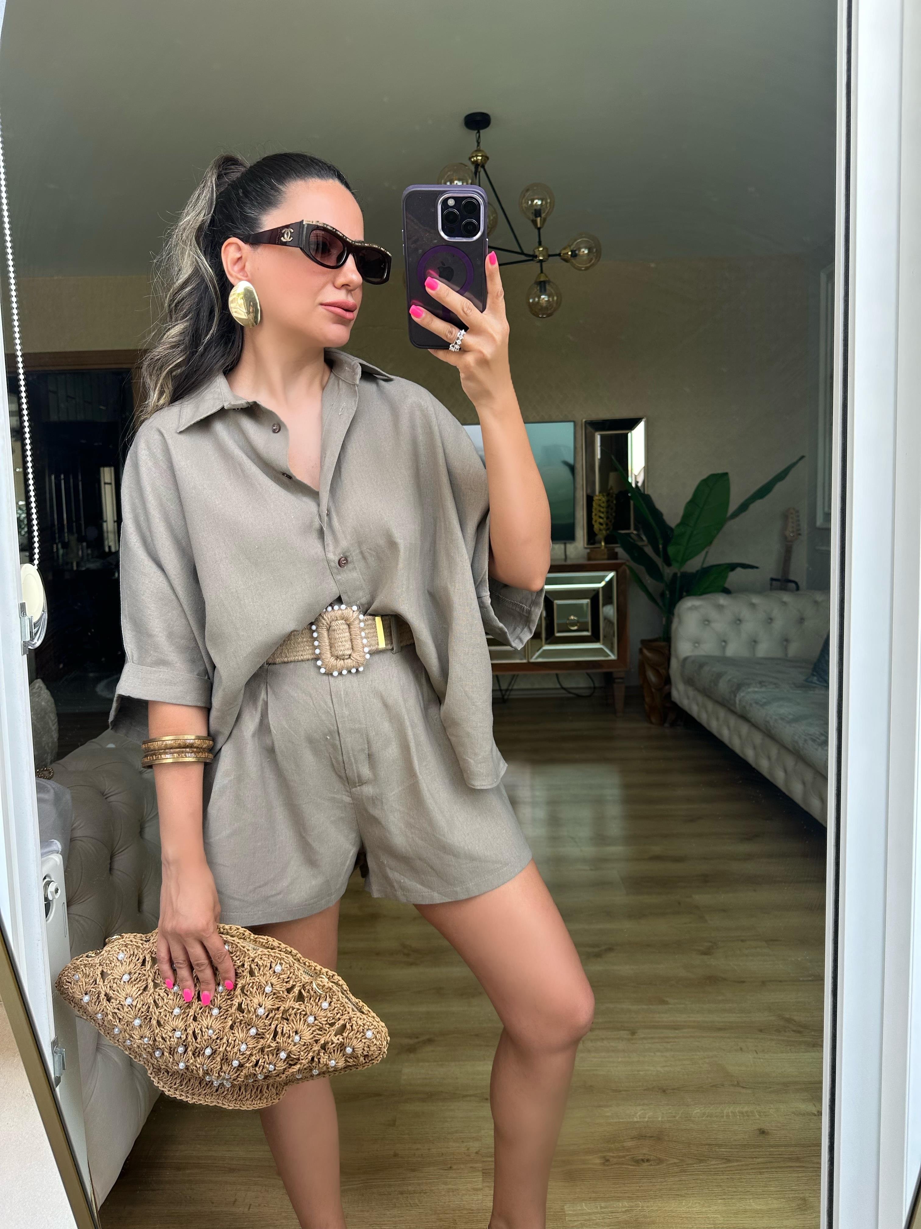 Koyu Vizon  Hasır Kemerli Şort Gömlek Takım