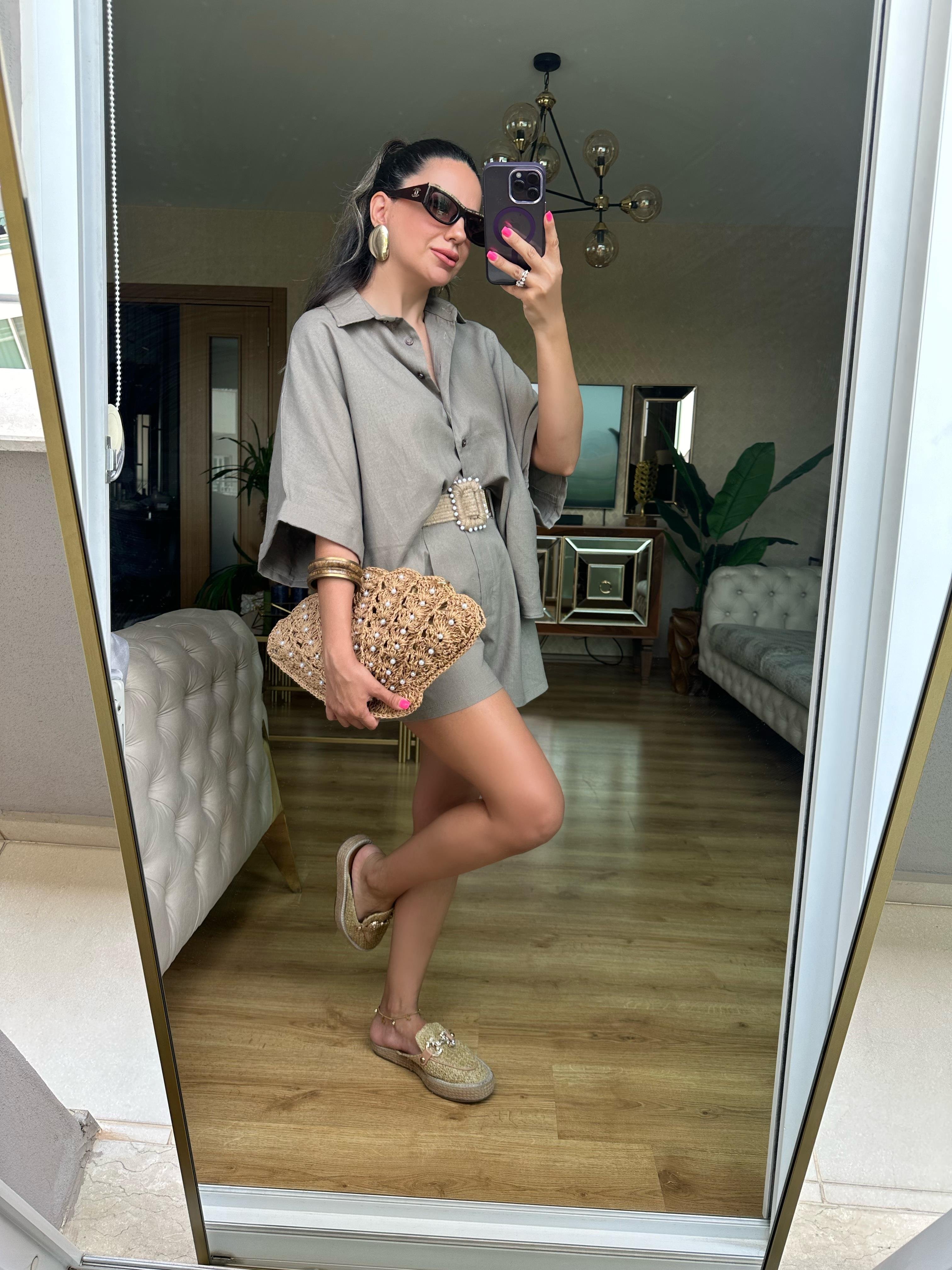 Koyu Vizon  Hasır Kemerli Şort Gömlek Takım