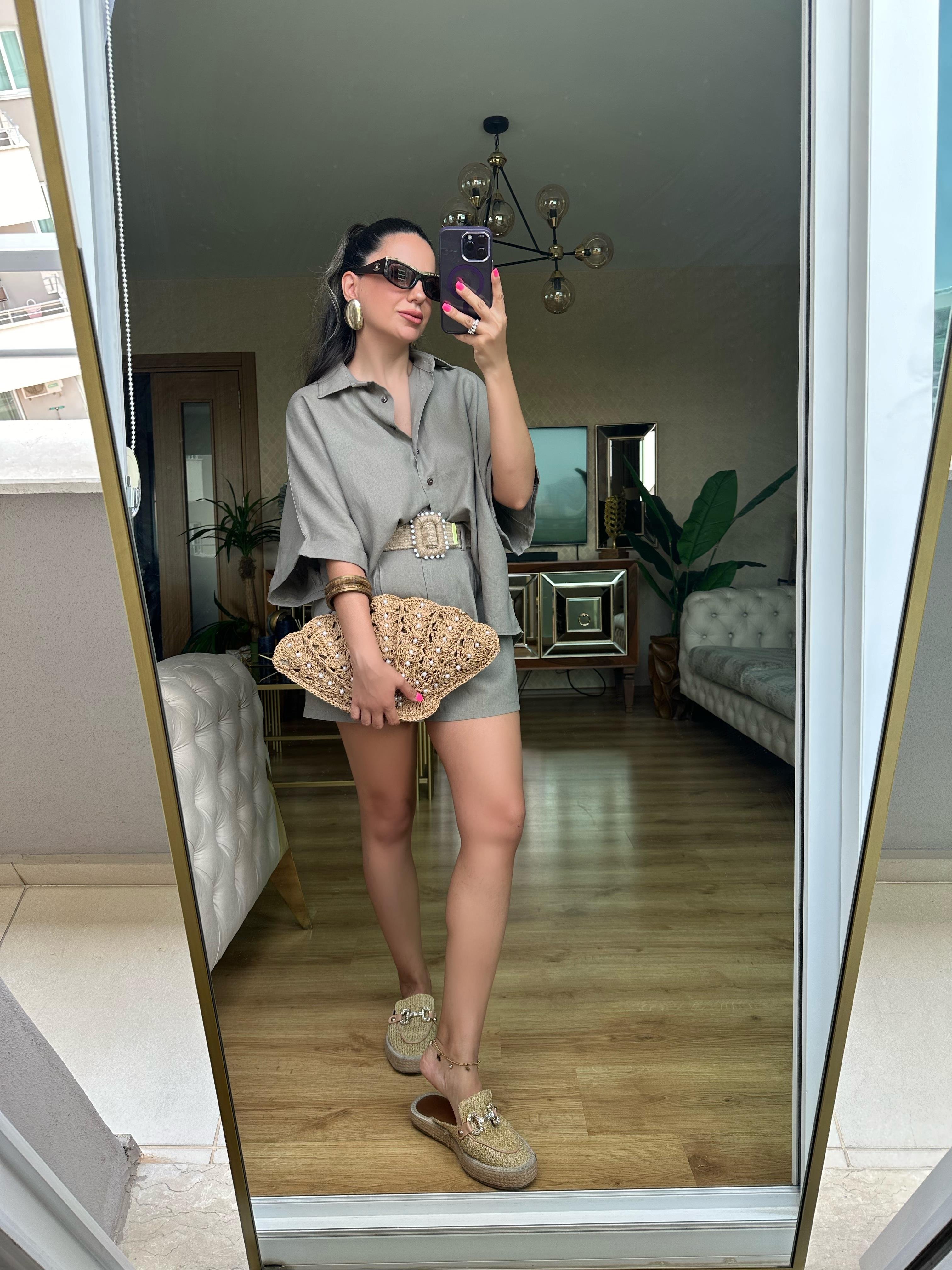 Koyu Vizon  Hasır Kemerli Şort Gömlek Takım