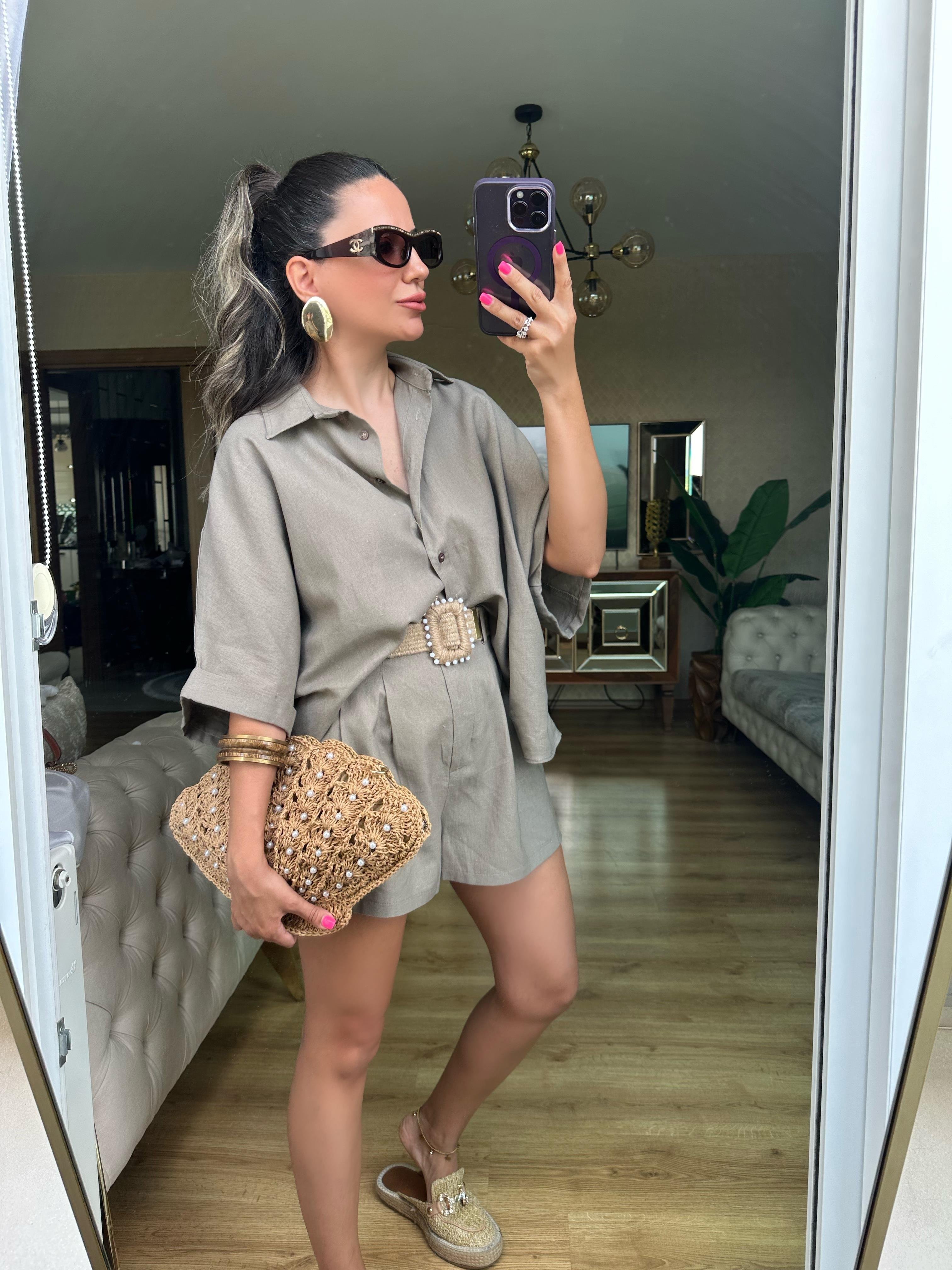 Koyu Vizon  Hasır Kemerli Şort Gömlek Takım