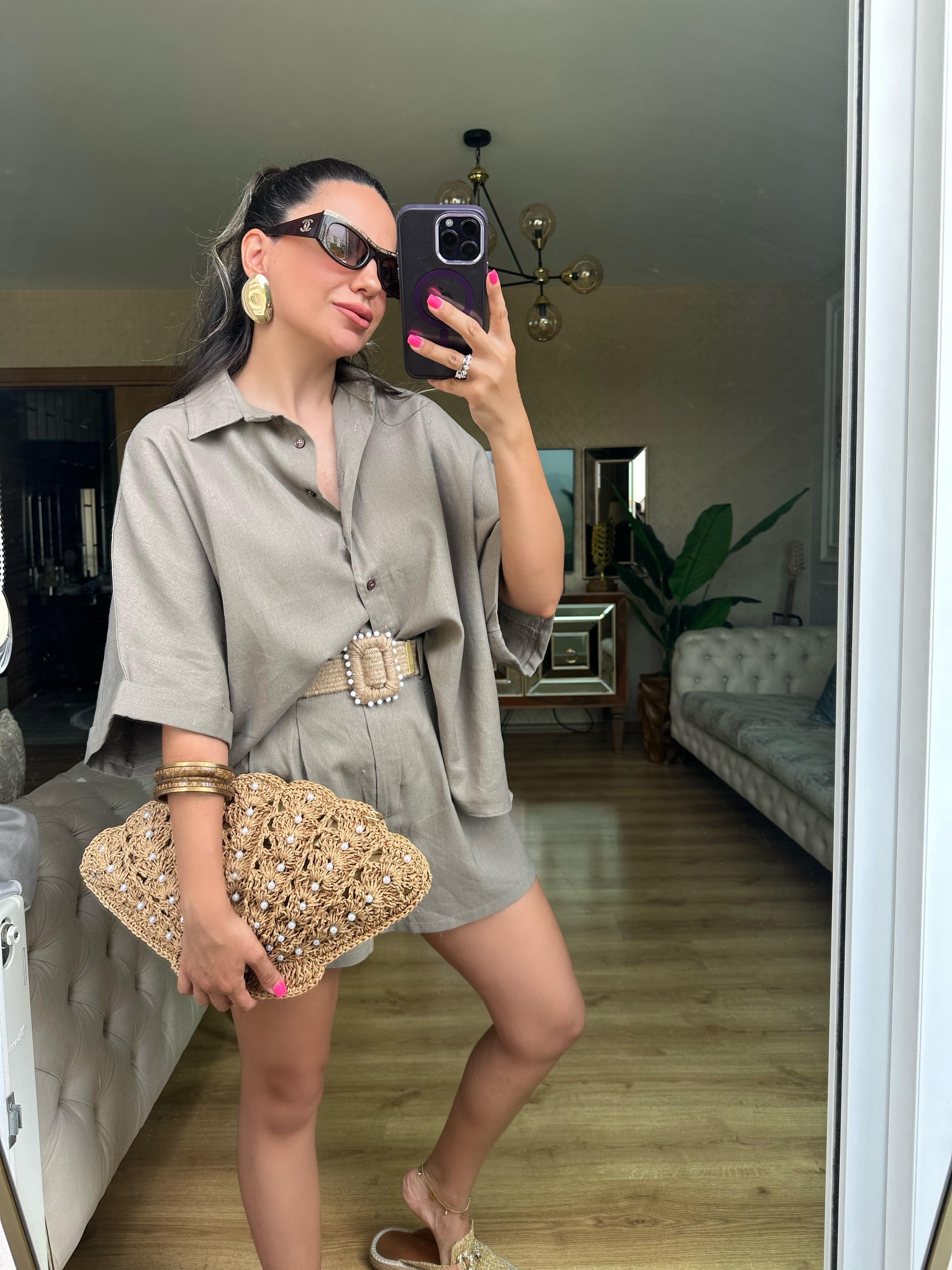 Koyu Vizon  Hasır Kemerli Şort Gömlek Takım