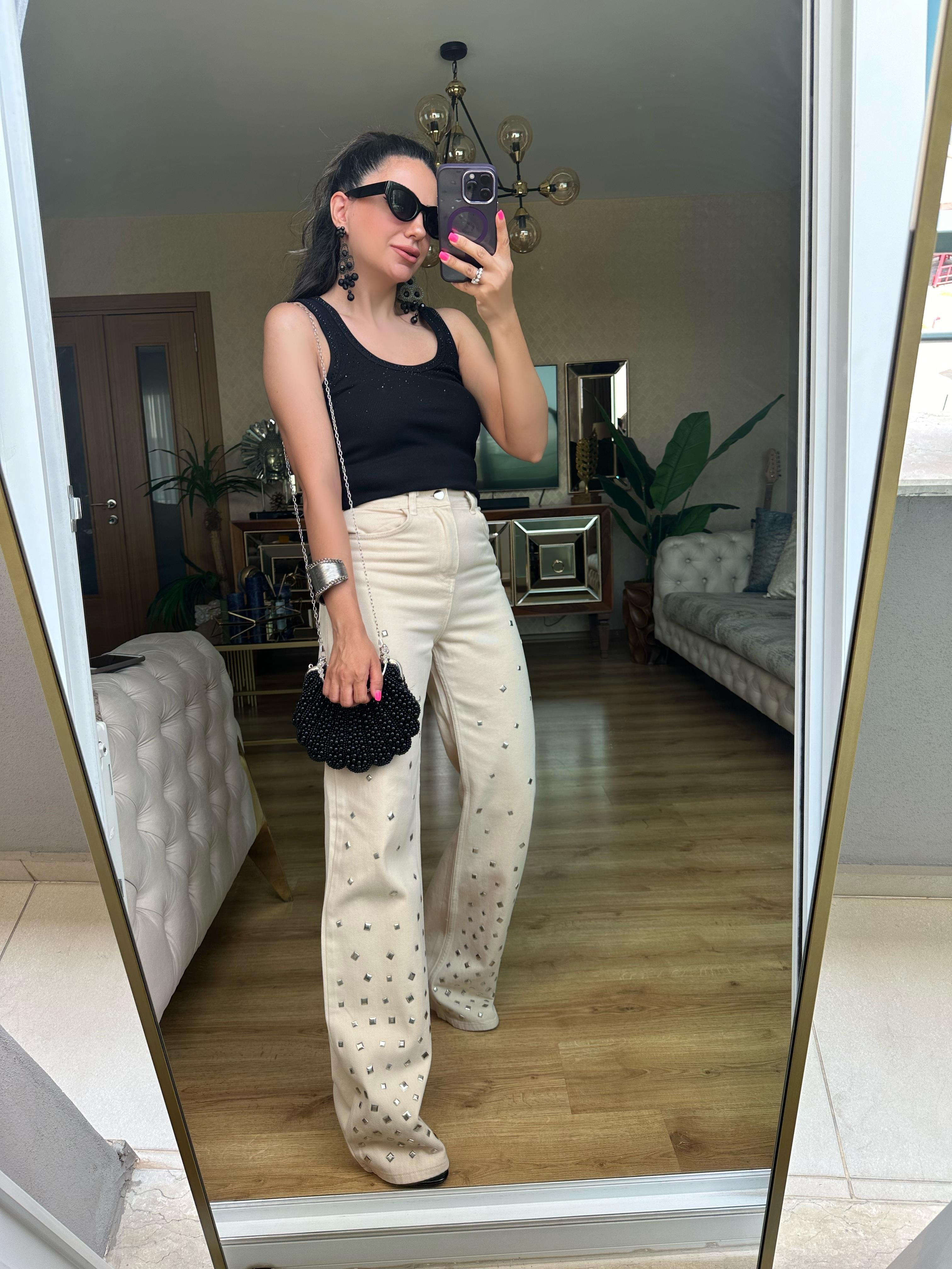 Krem Gümüş Drop Detaylı Pantolon