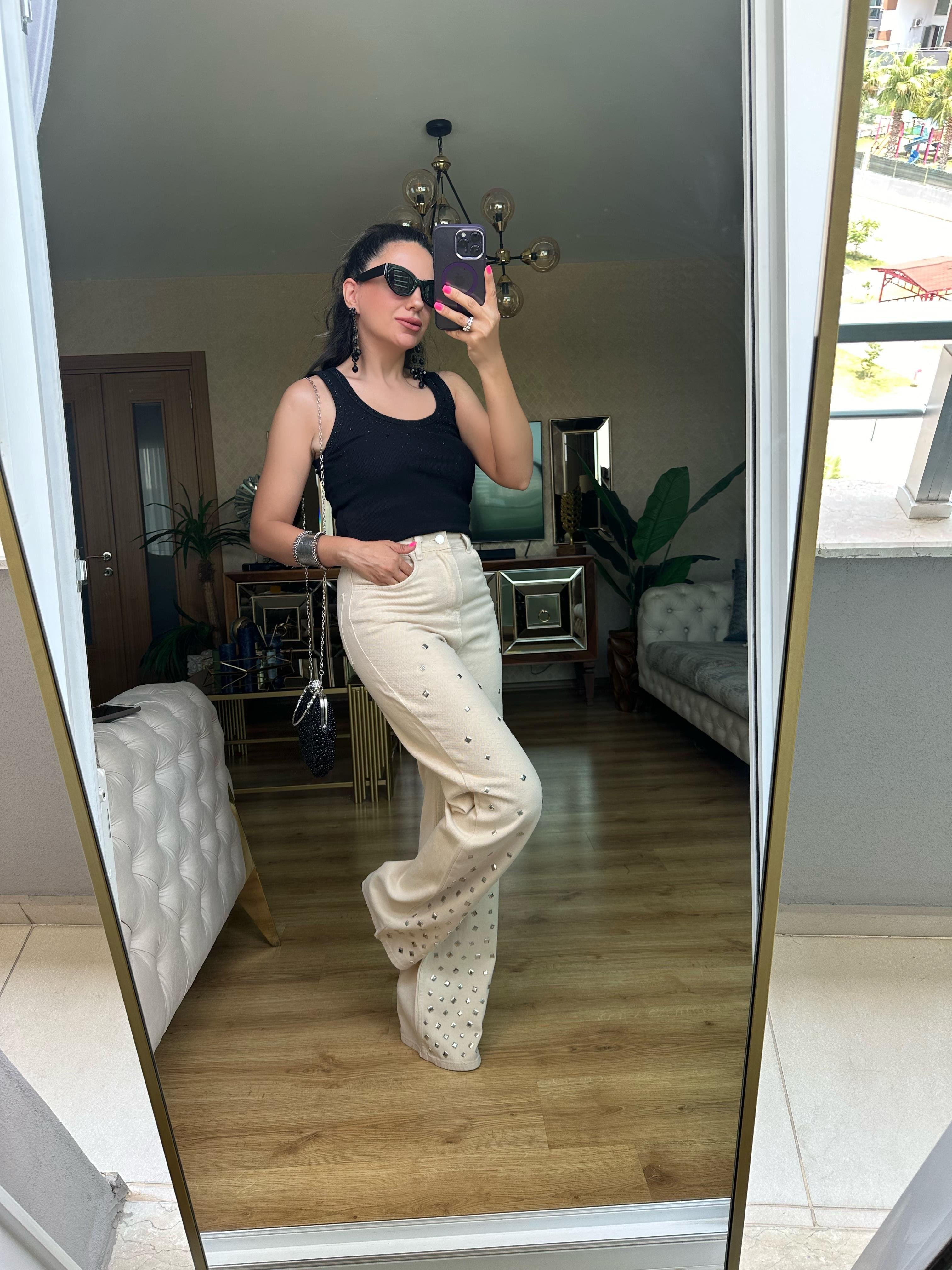 Krem Gümüş Drop Detaylı Pantolon