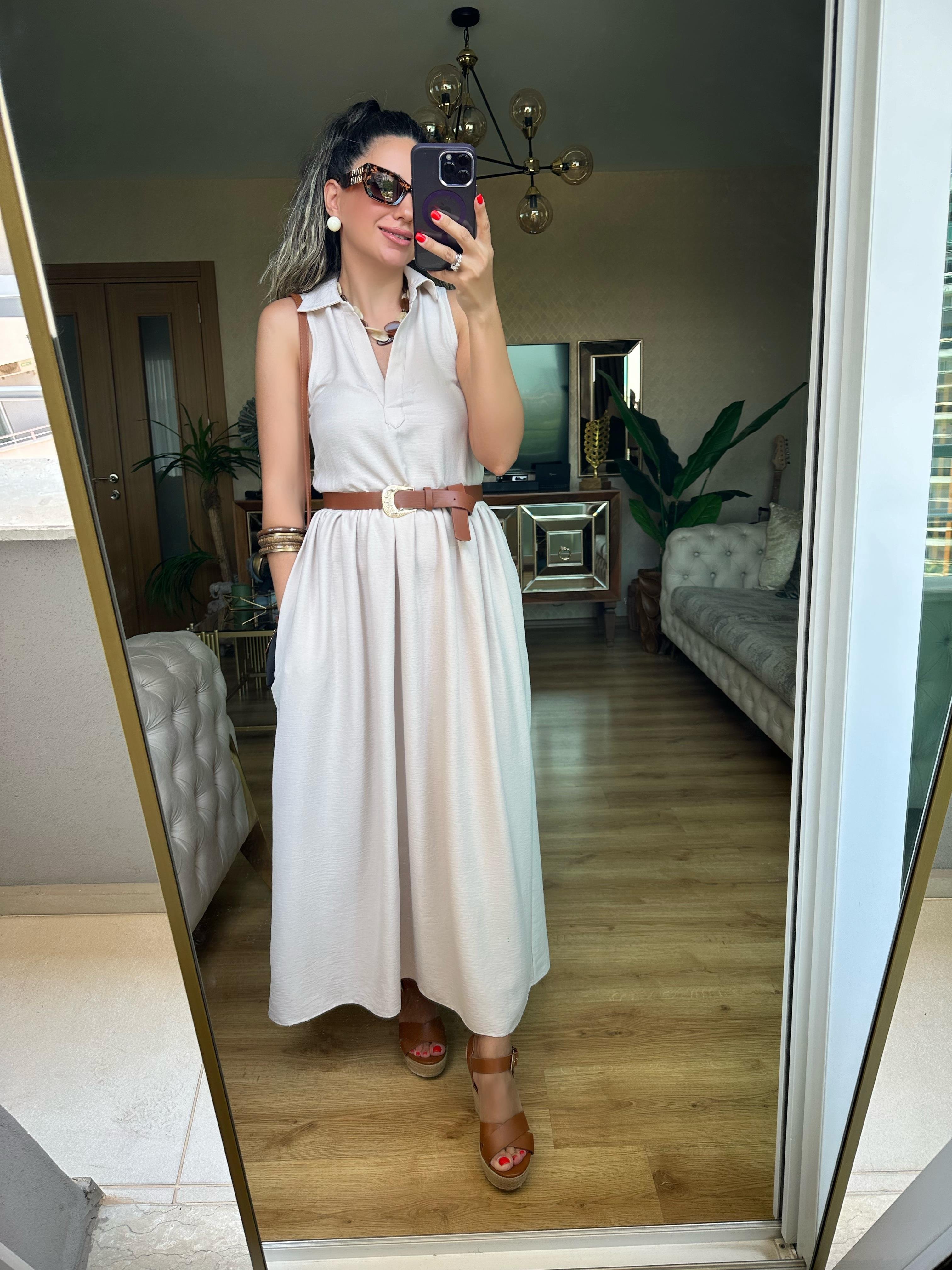 Krem Kemerli V Yaka Elbise