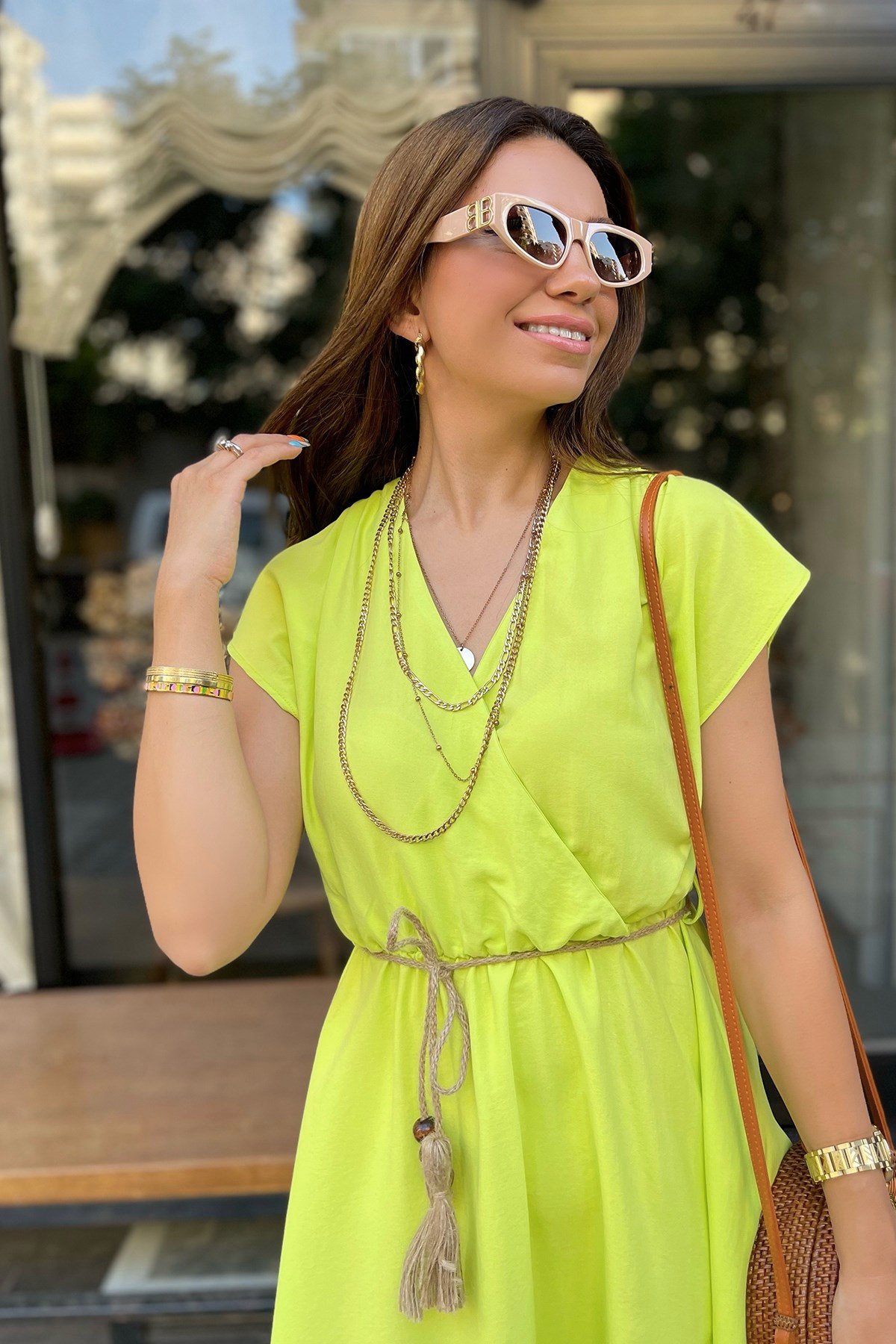 Kruveze Yaka Halat Kemerli Neon Yeşil  Elbise