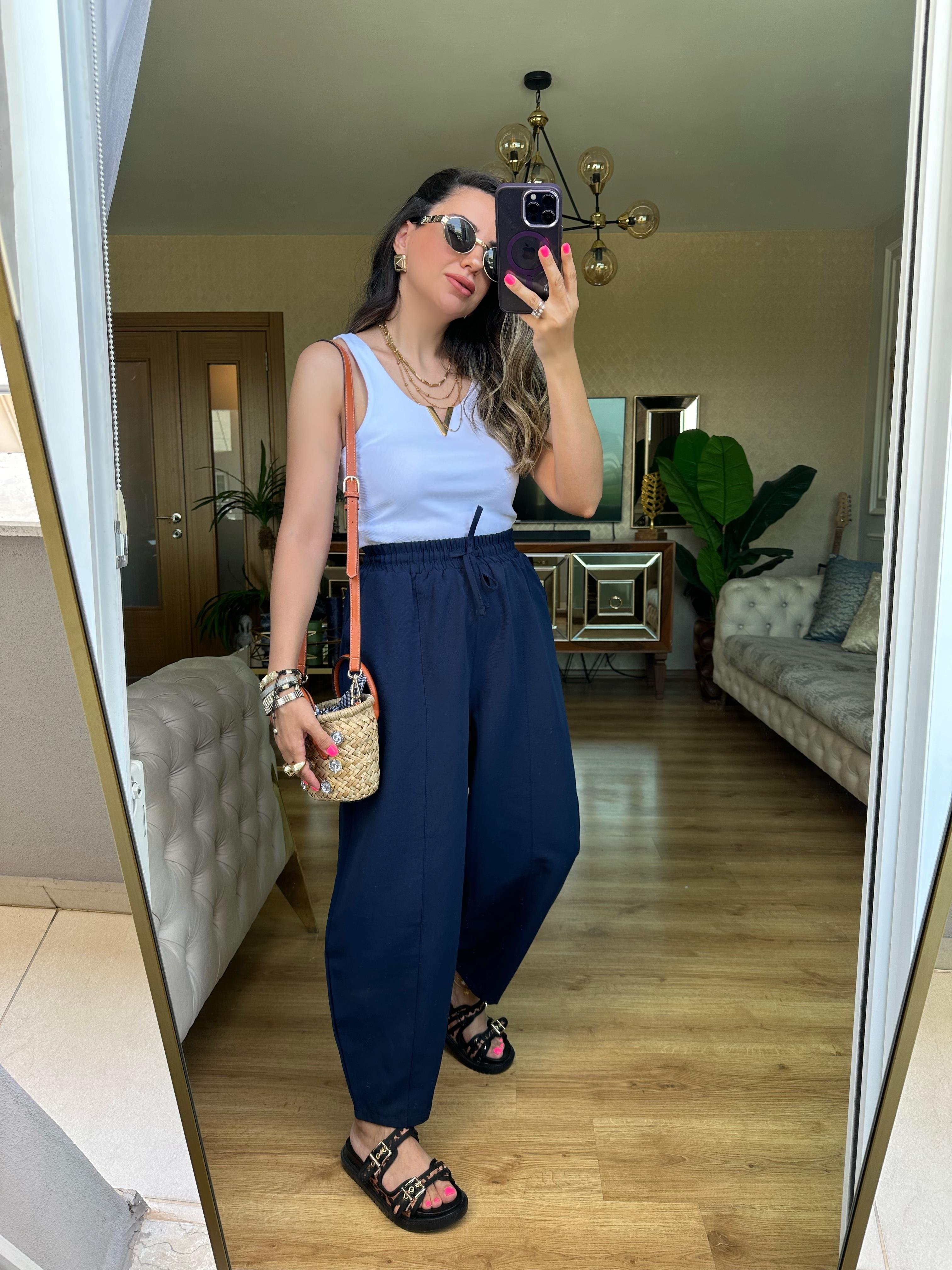 Lacivert Beli Lastikli Keten Pantolon