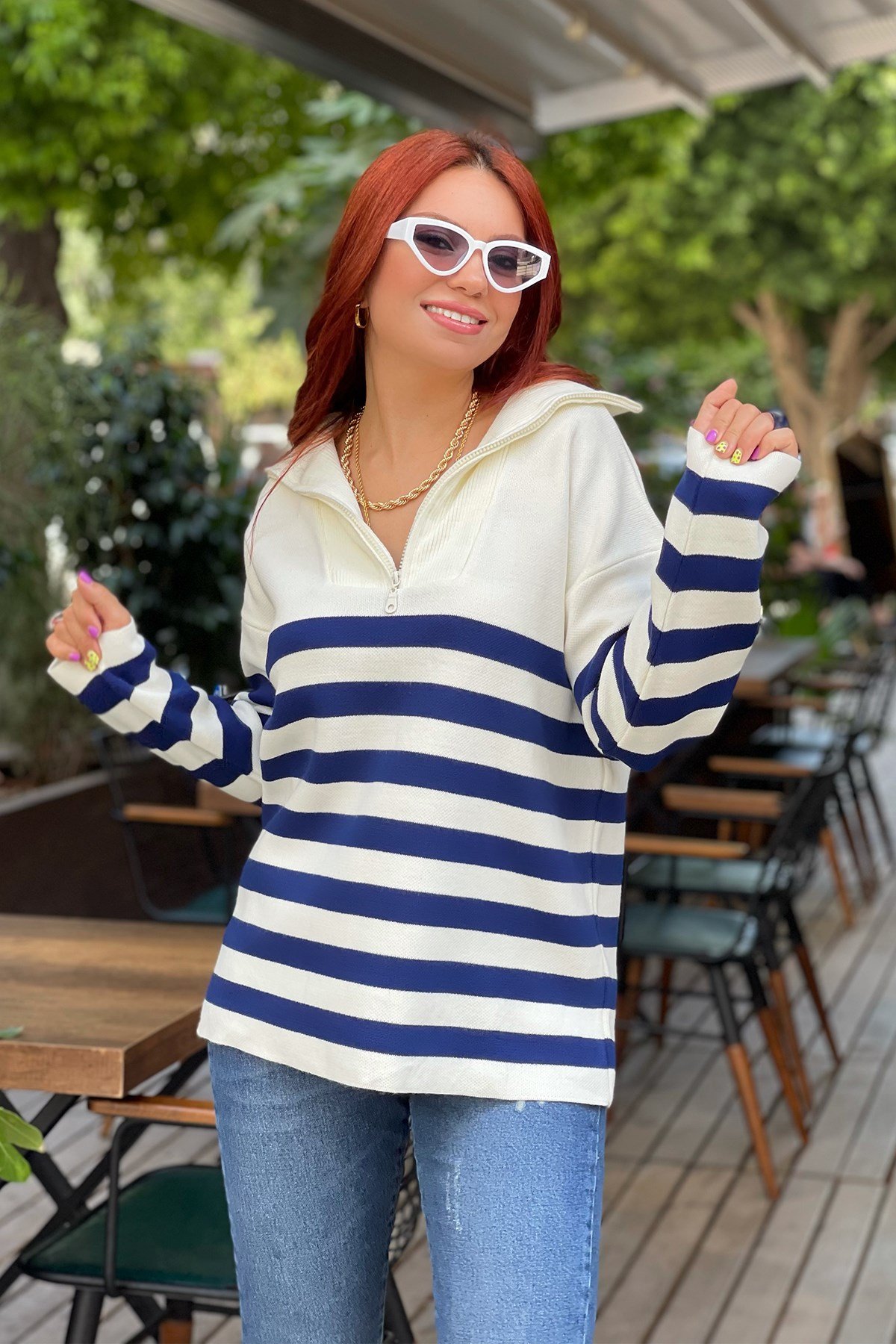 Lacivert Çizgili Fermuarlı Triko