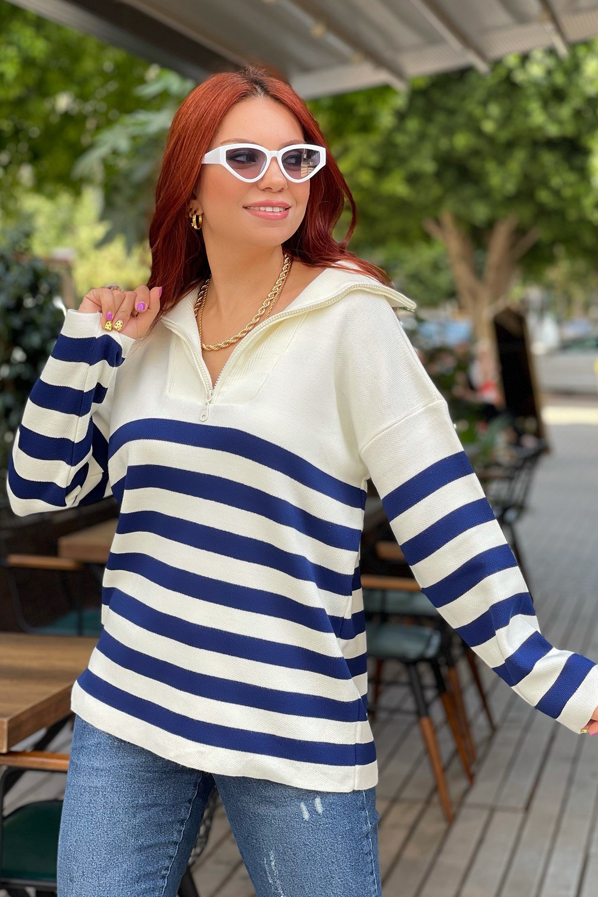 Lacivert Çizgili Fermuarlı Triko