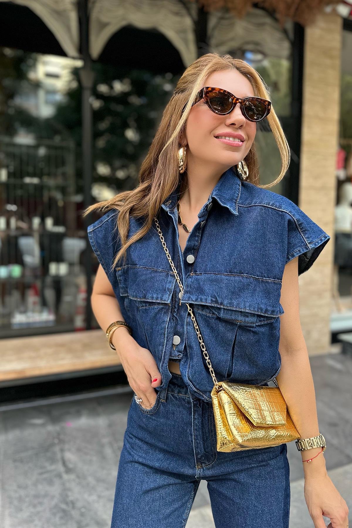 Lacivert Denim Gömlek Yelek