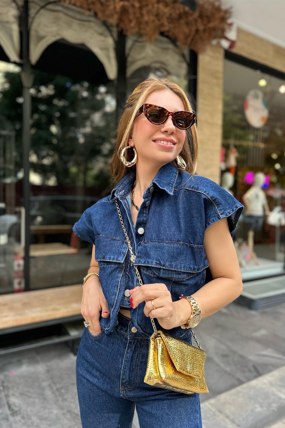 Lacivert Denim Gömlek Yelek