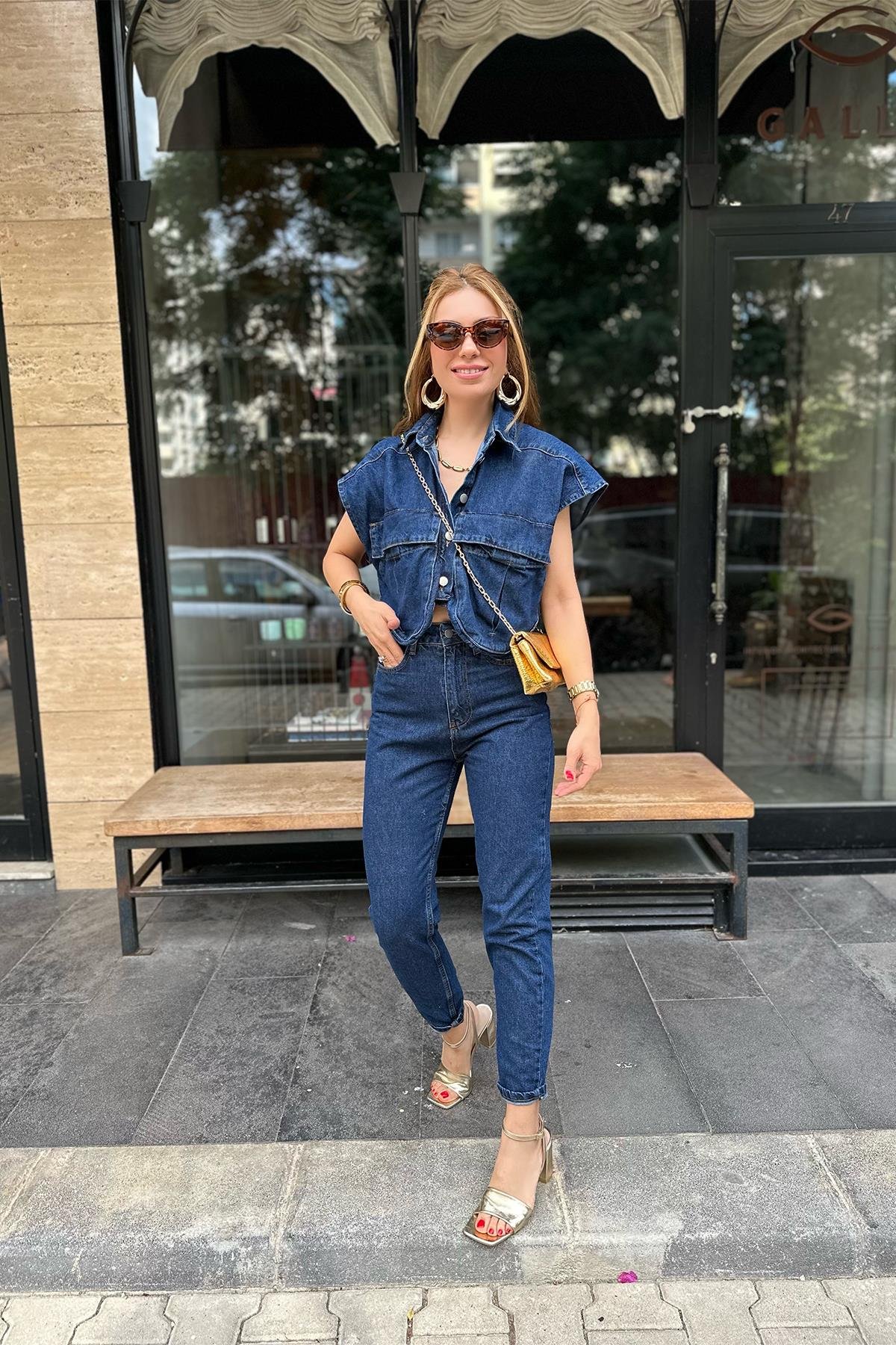 Lacivert Denim Gömlek Yelek