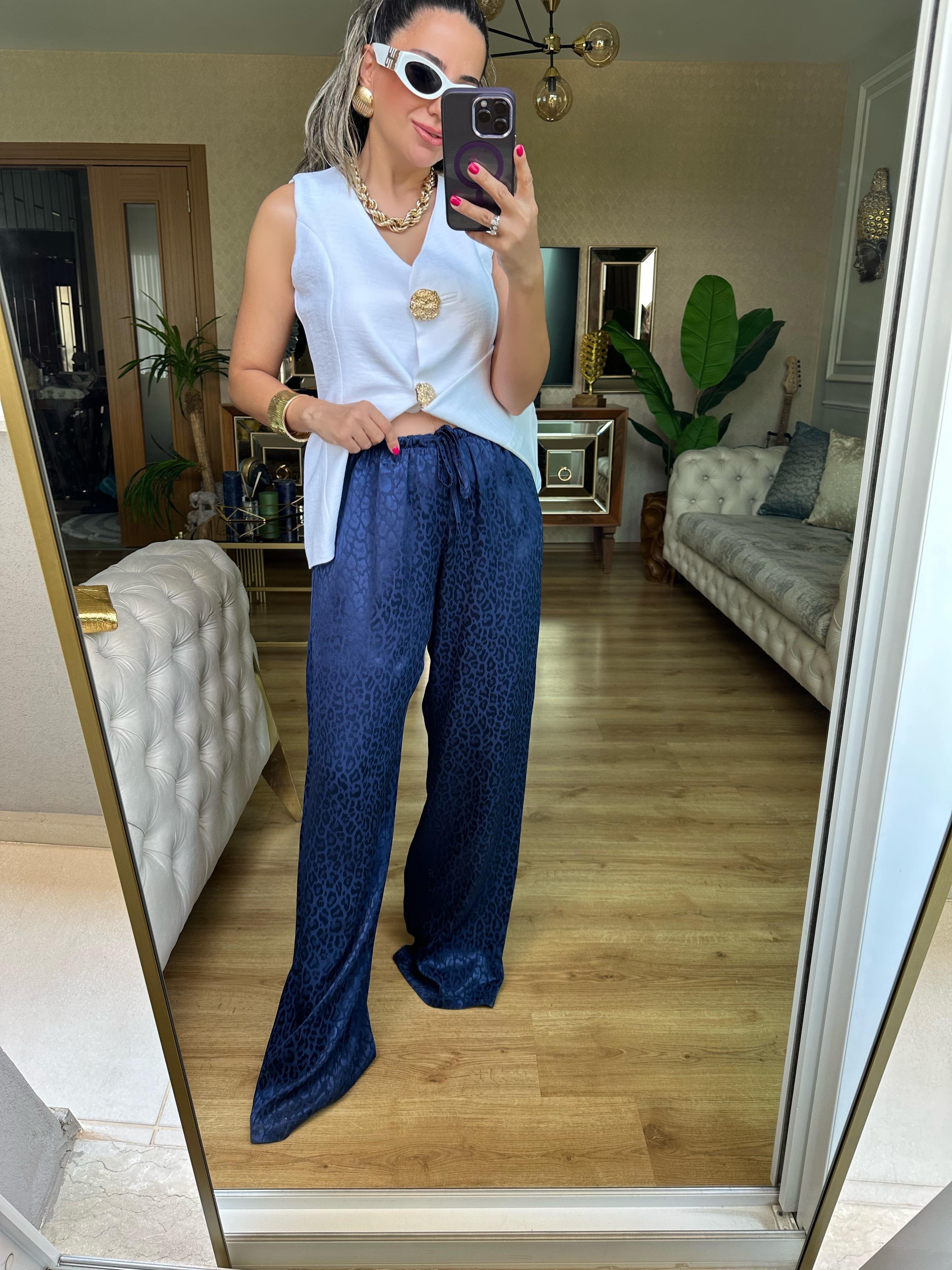 Lacivert Kendinden Desenli Saten Pantolon