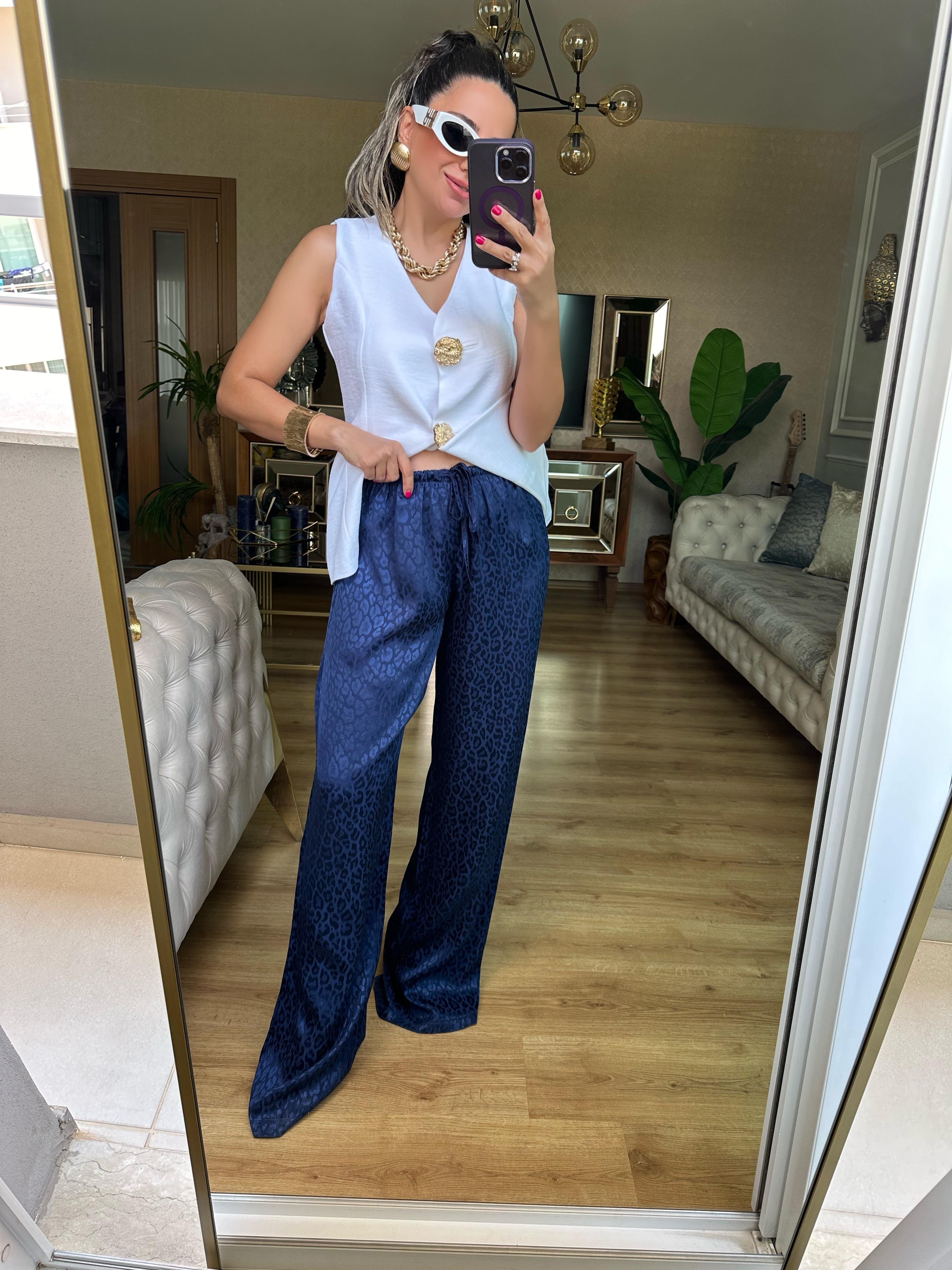 Lacivert Kendinden Desenli Saten Pantolon