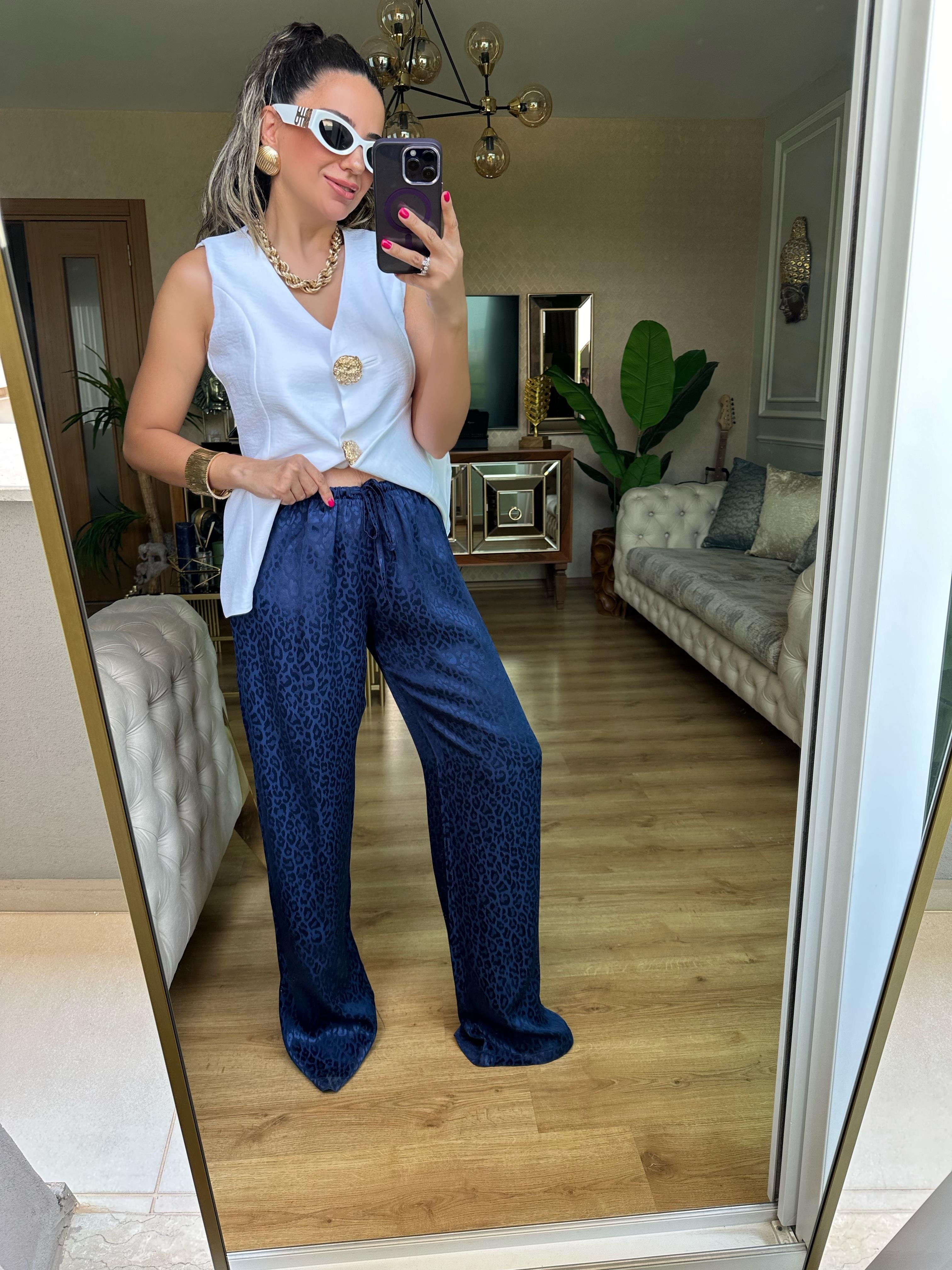 Lacivert Kendinden Desenli Saten Pantolon