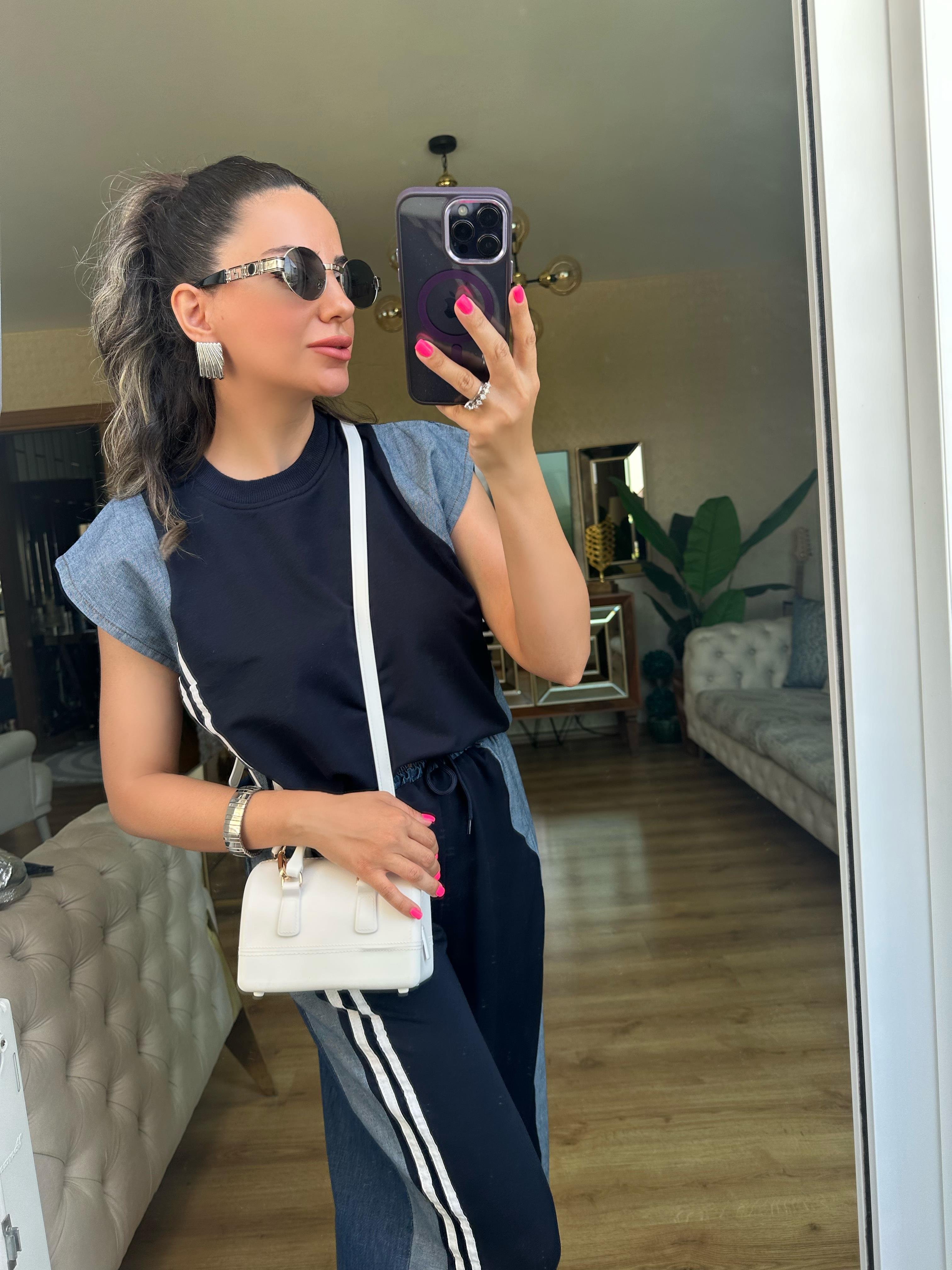 Lacivert Kot Detaylı Pantolon Bluz Takım